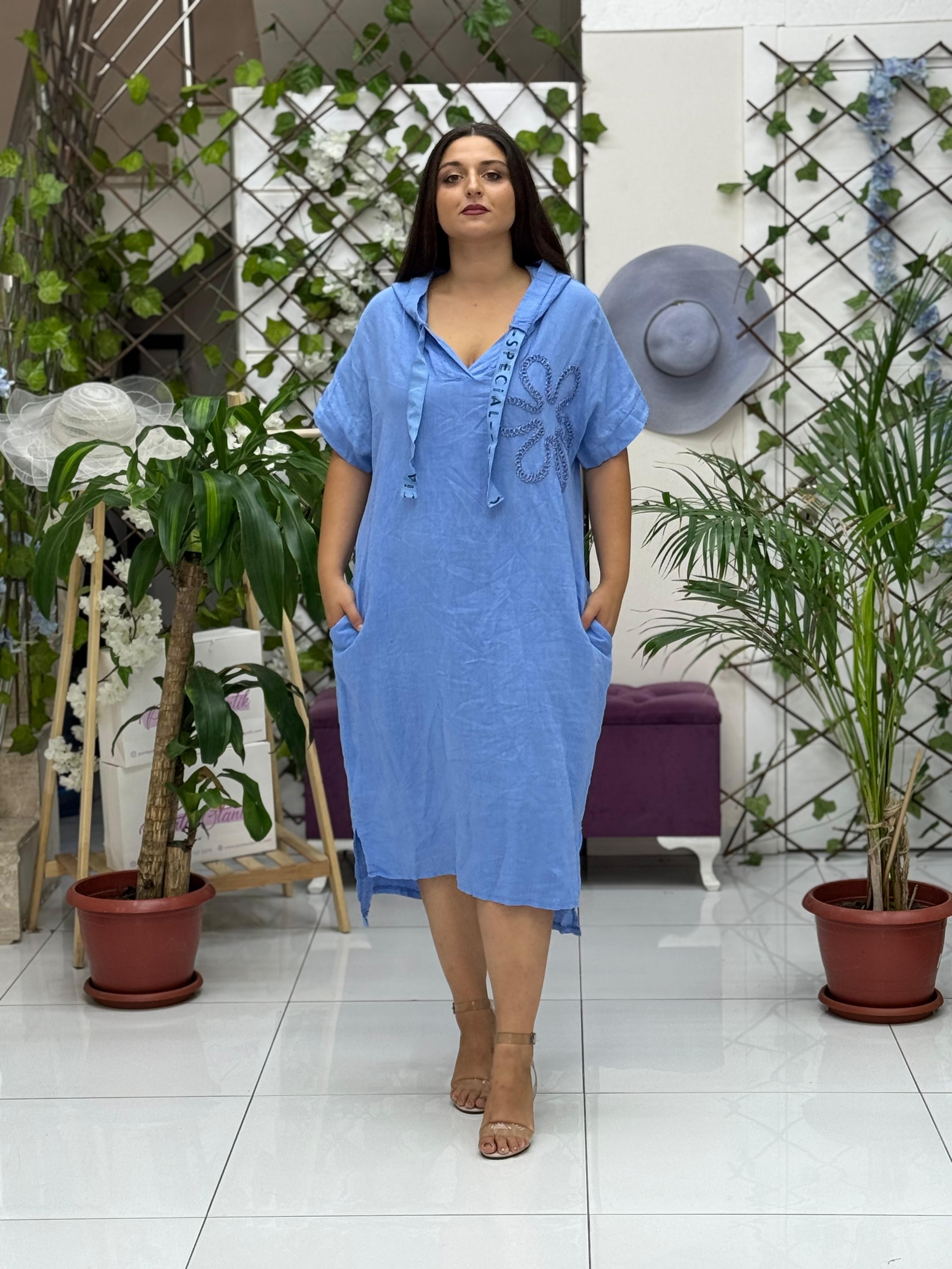 N19118 Vestido Lino Italiano Azul