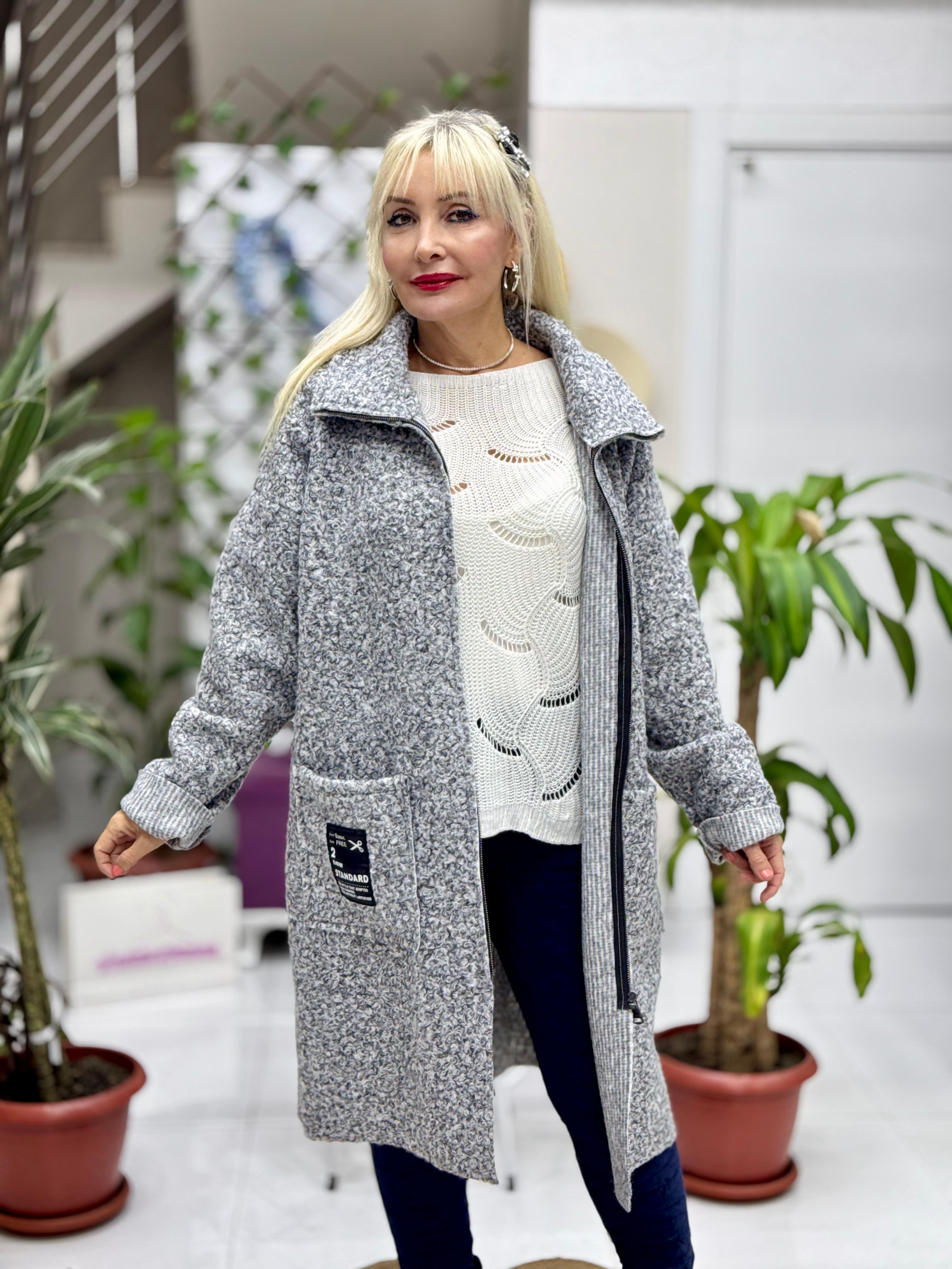 LS98171 Fermuarlı Buklet Kaban Açık Gri