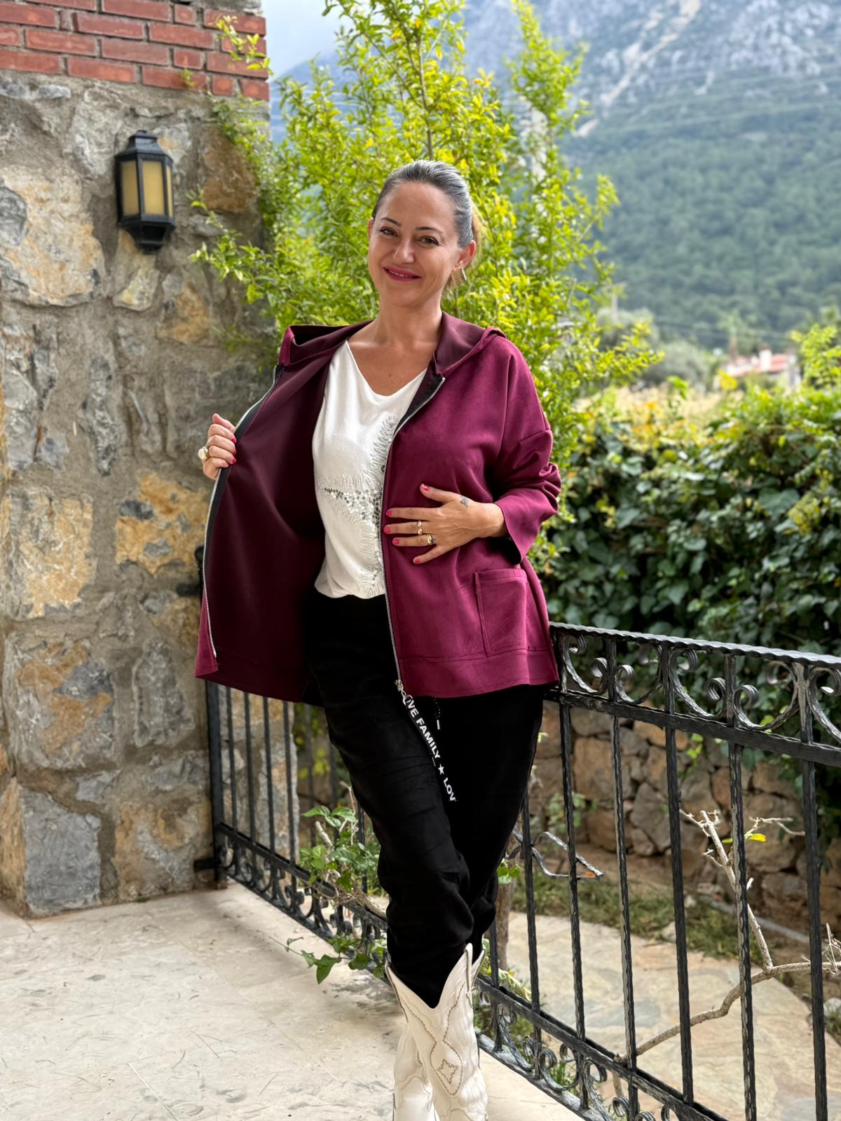 YG12477 Kapişonlu Süet İtalyan Ceket Vişne