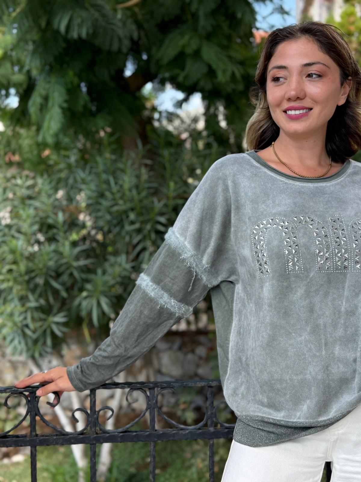 NC53659C İtalyan MIN Taşlı Coton Sweatshirt Haki