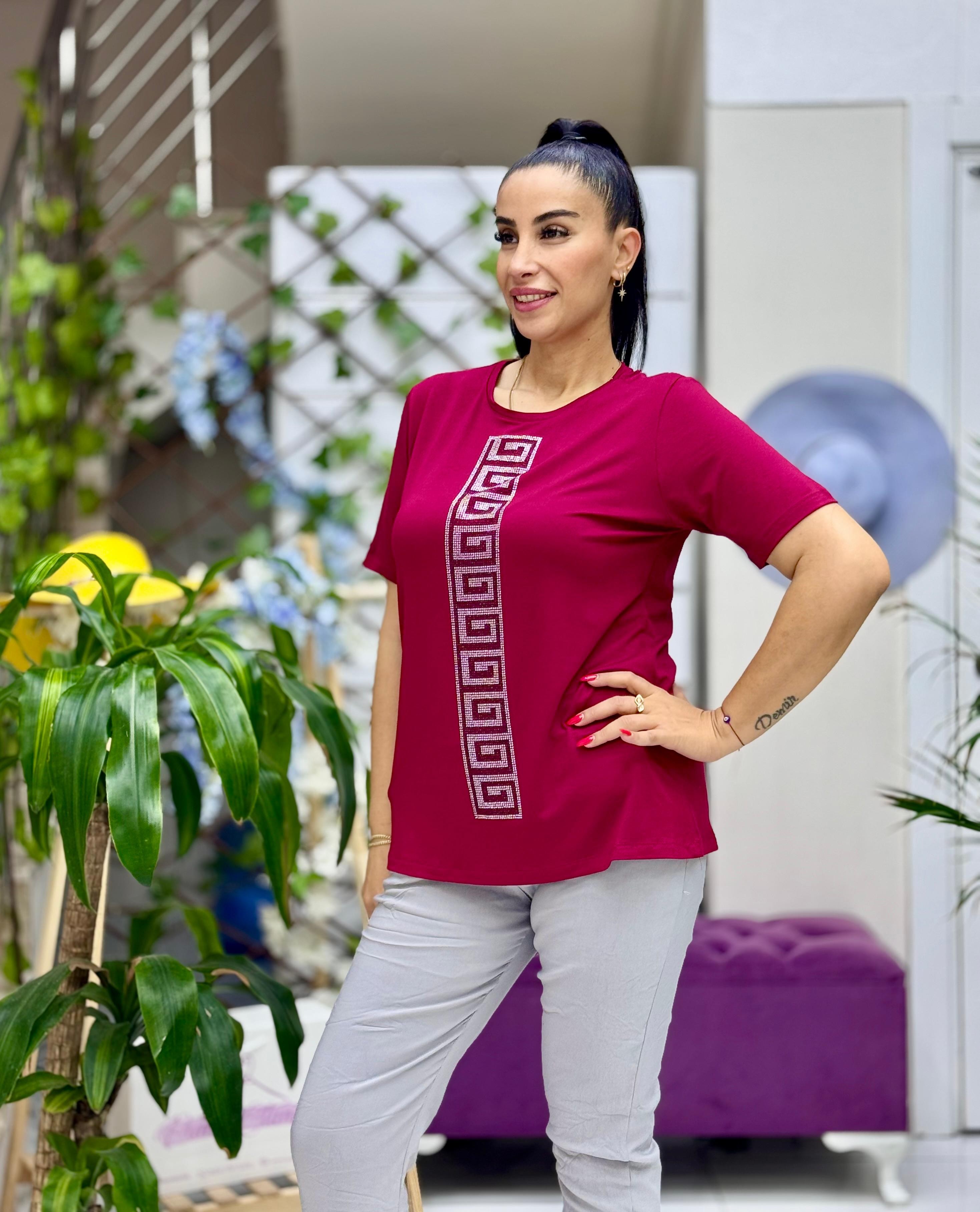 MS4222 Şerit Desenli  Penye Bluz Bordo