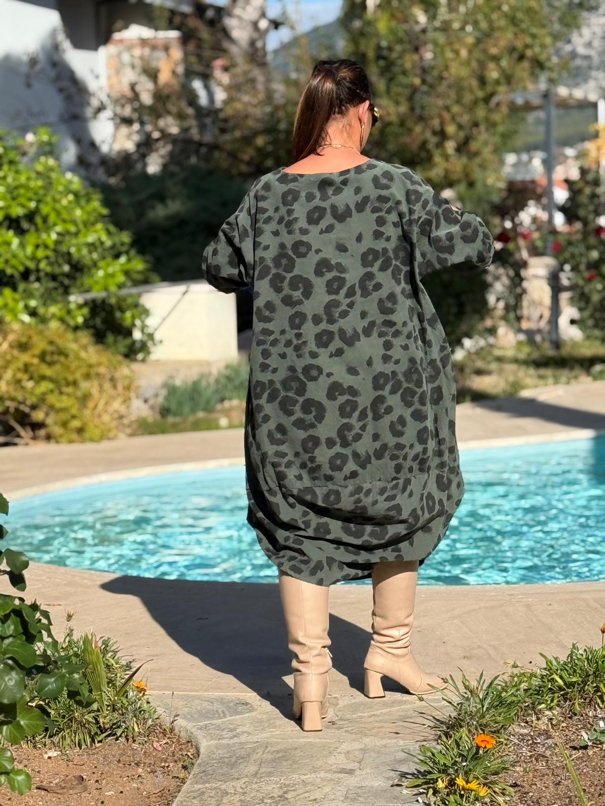 YG12231 Leopar Desenli İtalyan Kadife Elbise Haki