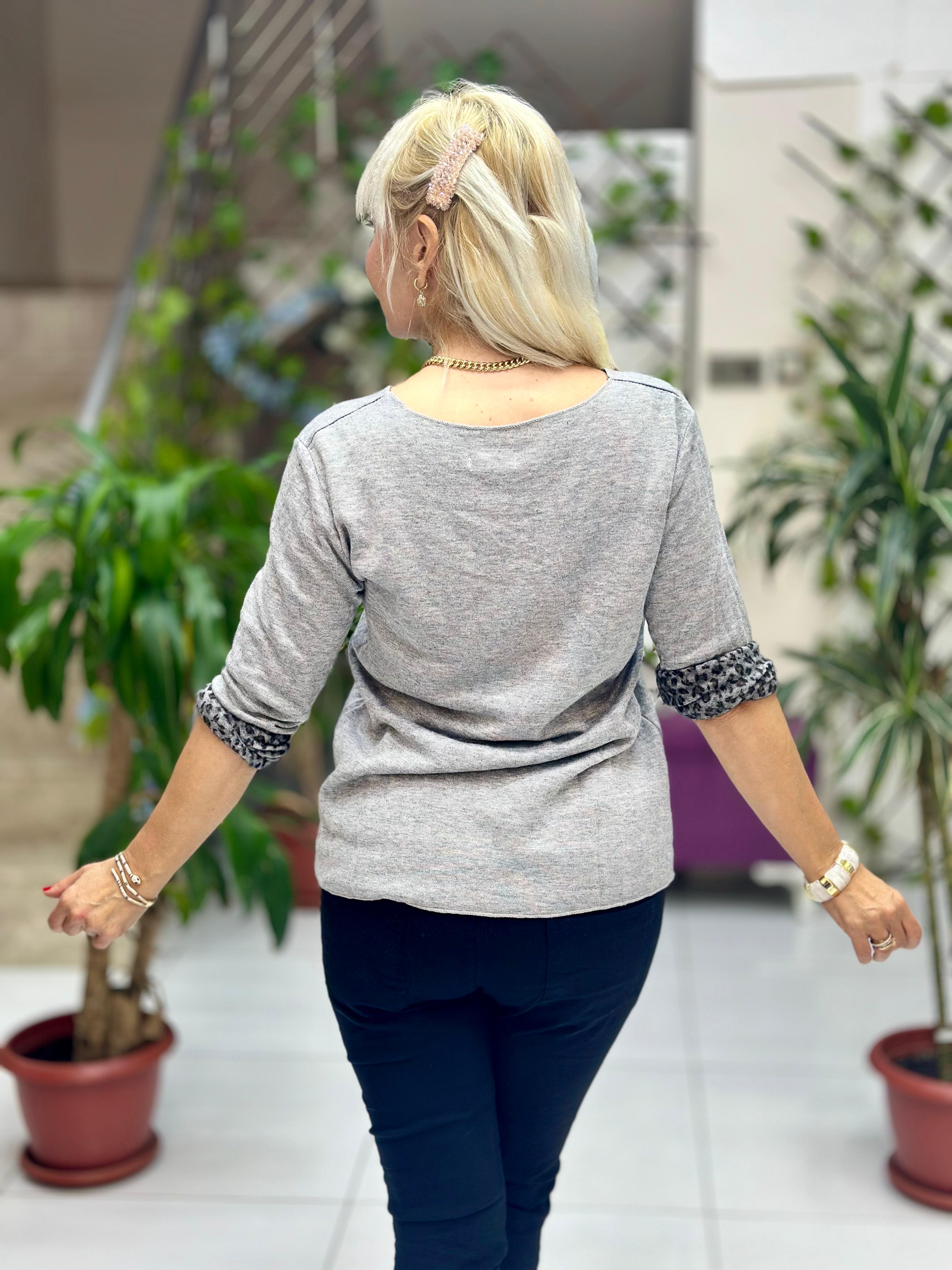 NC1202 İçi Leoparlı Yuvarlak Yaka Triko Küçük Kalıp Bluz Gri