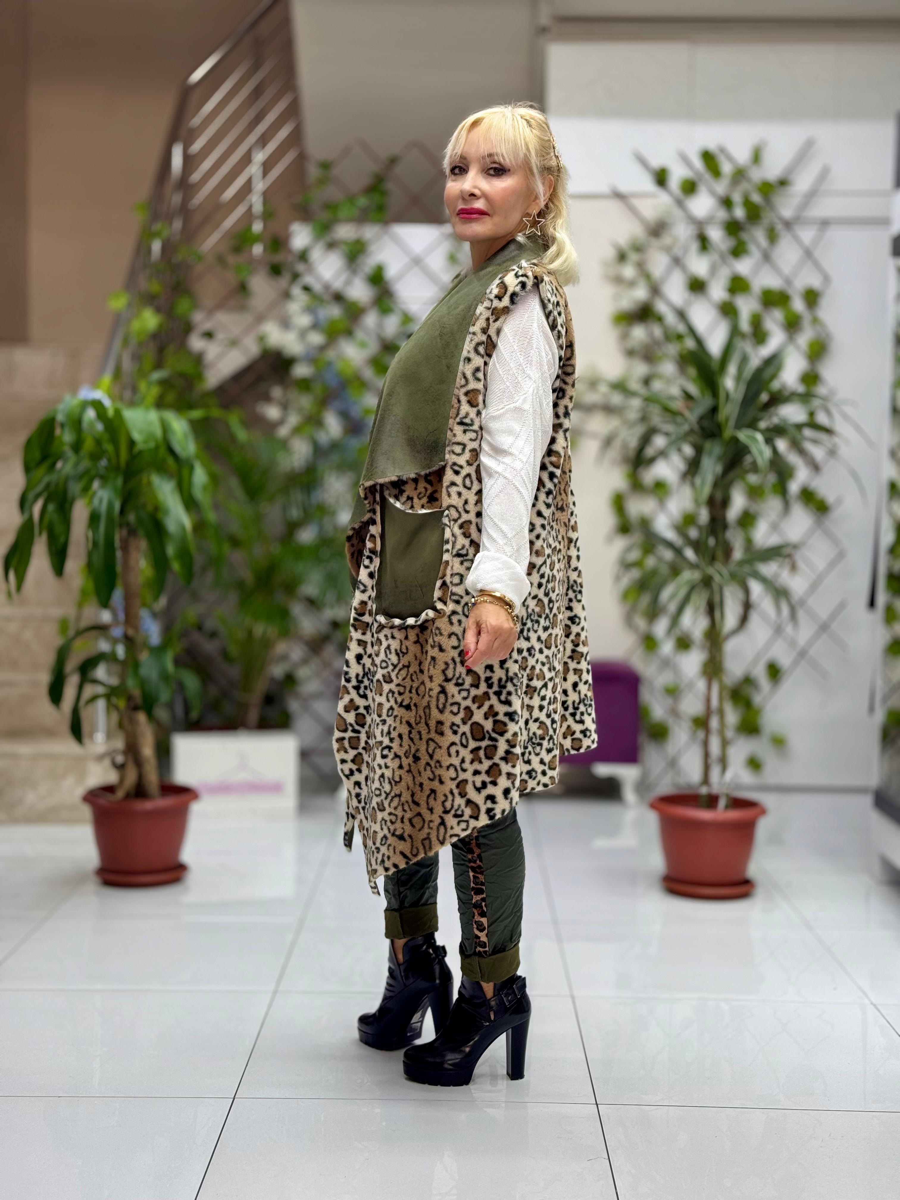 YG3340 Leopar Desenli Kürklü İtalyan Nubuk Yelek Yeşil