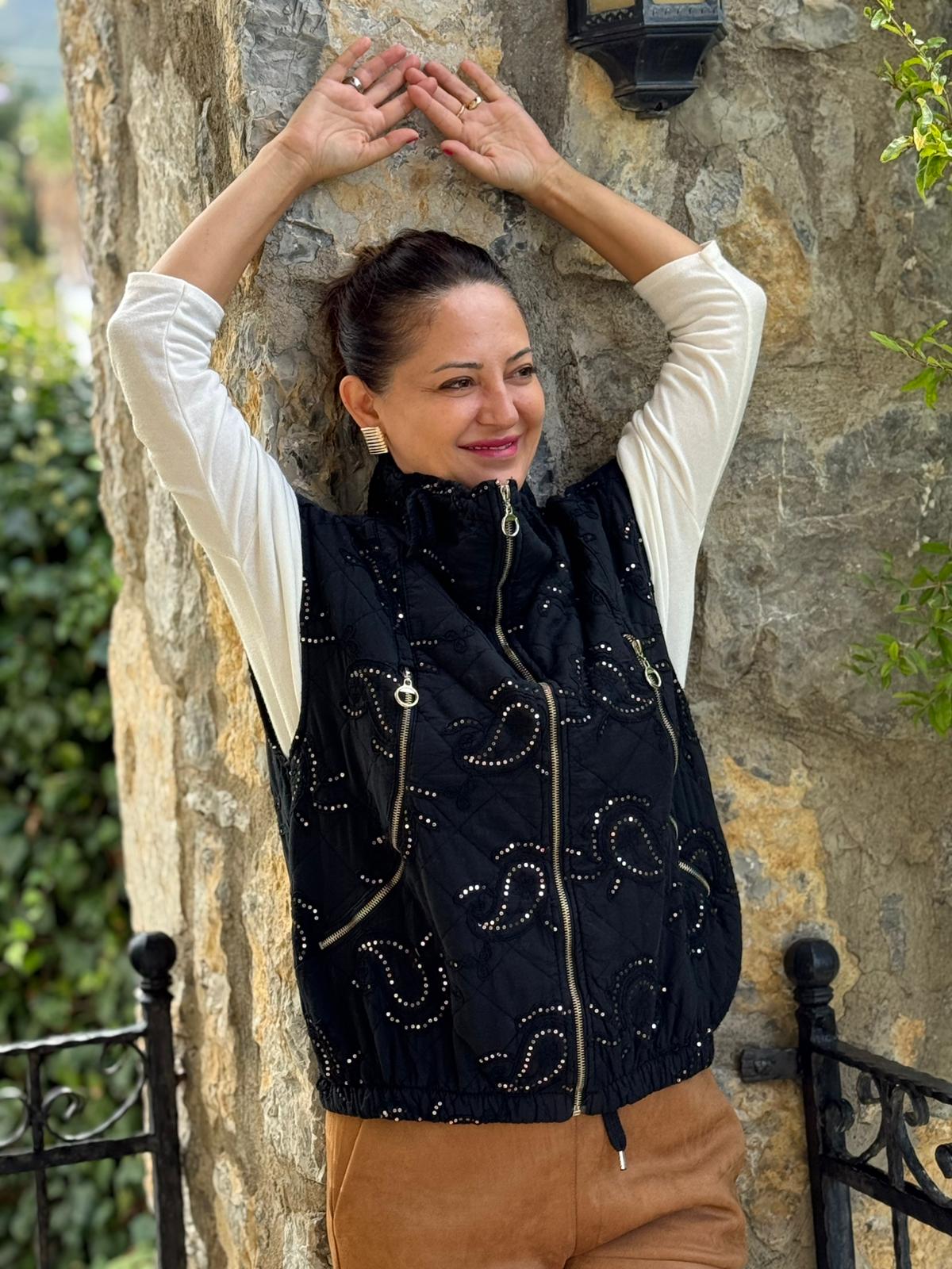 NC61582 Pul Payetli Balıkçı Yaka İtalyan Kapitone Yelek Siyah