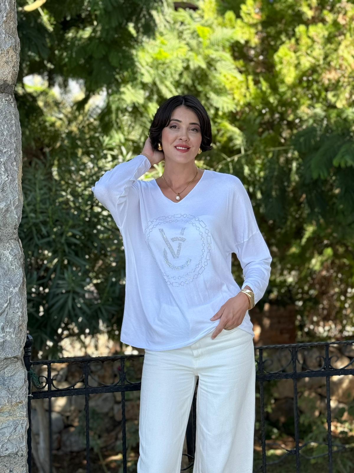 FXLS82681 İtalyan Taş Baskılı Triko Bluz Beyaz