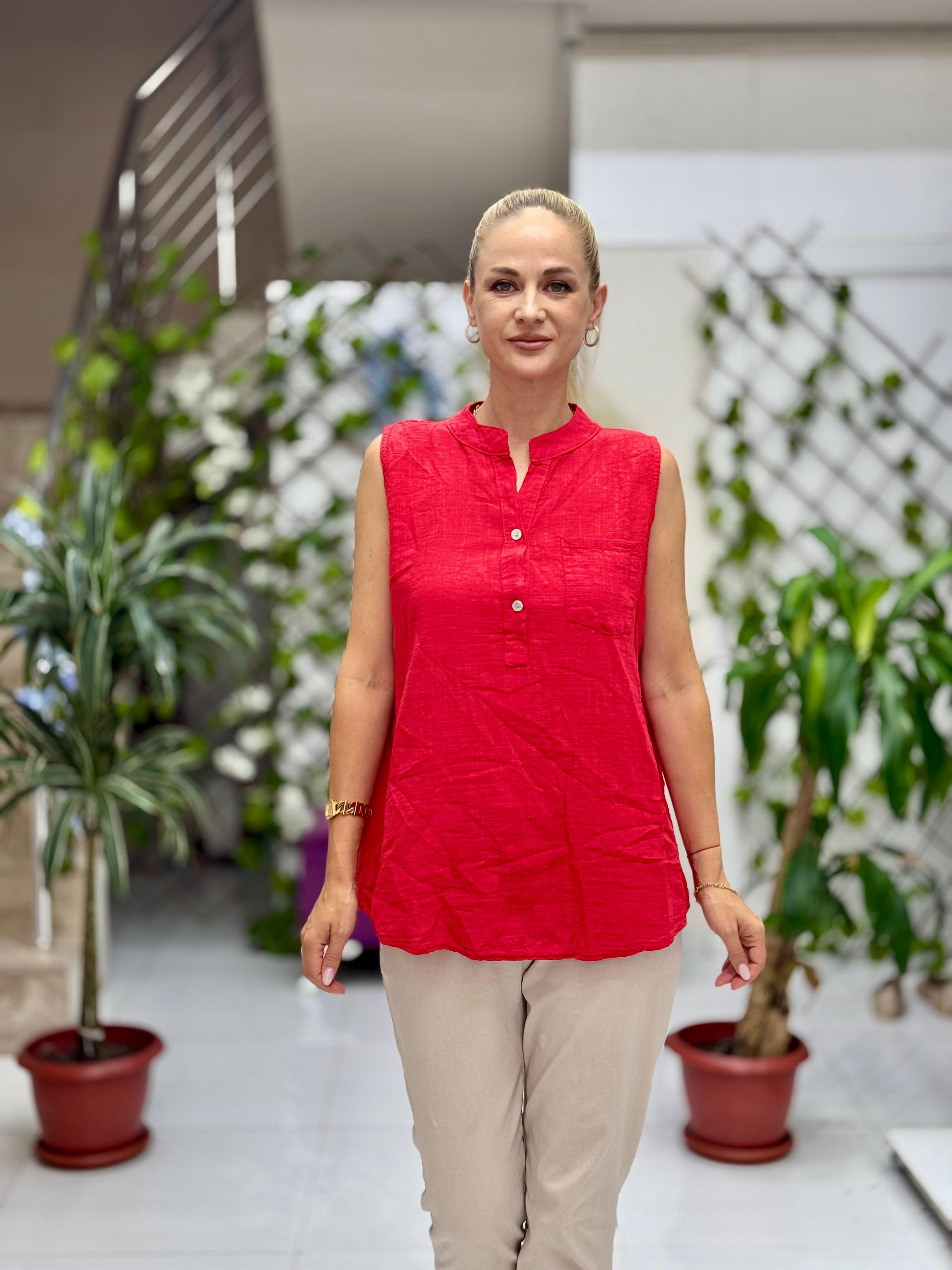 LS8819E Kolsuz Pamukketen Cepli İtalyan Bluz Kırmızı