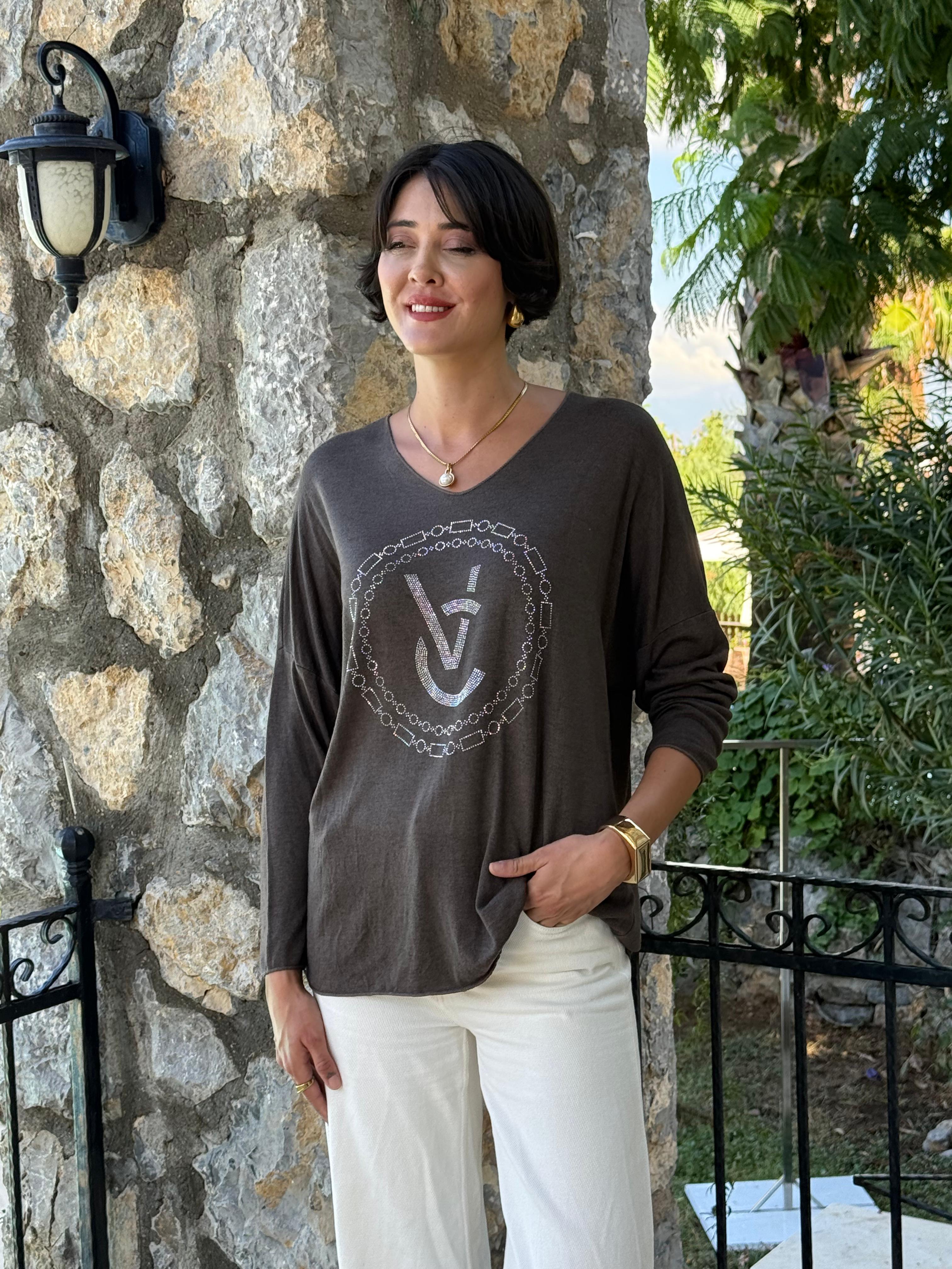 FXLS82681 İtalyan Taş Baskılı Triko Bluz Kahverengi