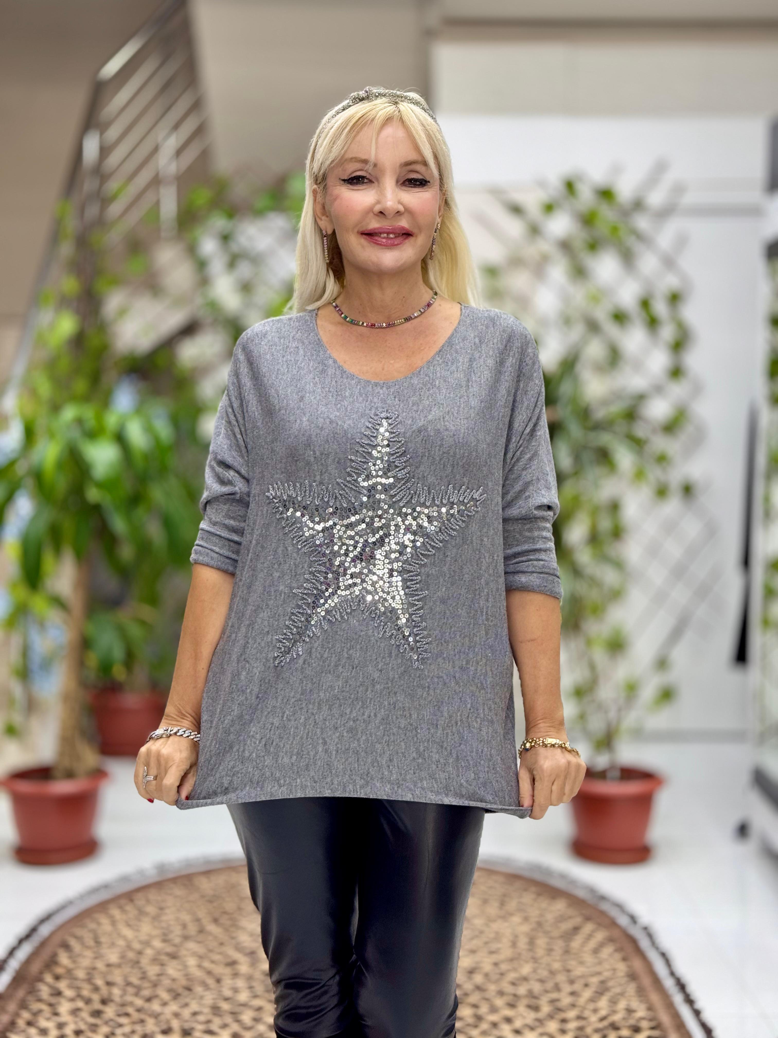 NC1778 İtalyan Yıldız desen Pulpayetli Bluz Gri