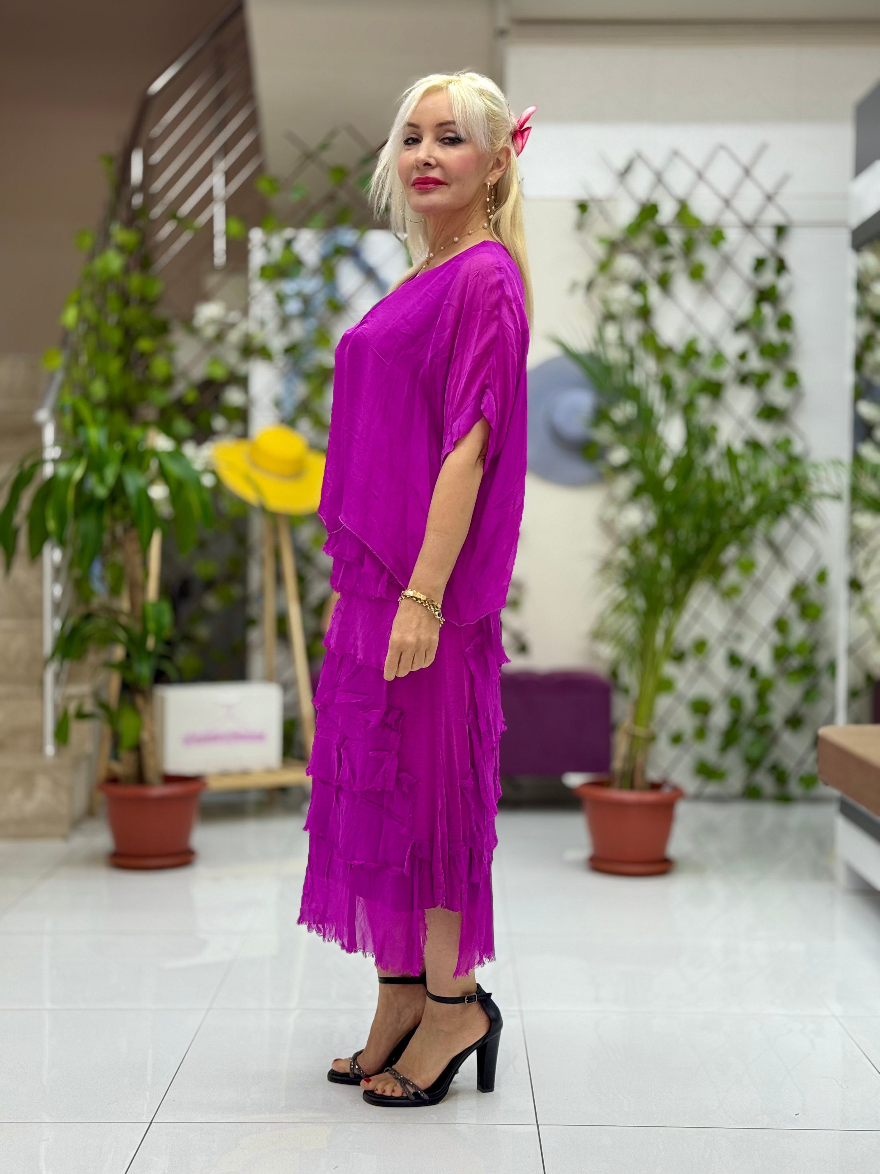 NC64740 İtalyan Katlı İpek Elbise Eflatun
