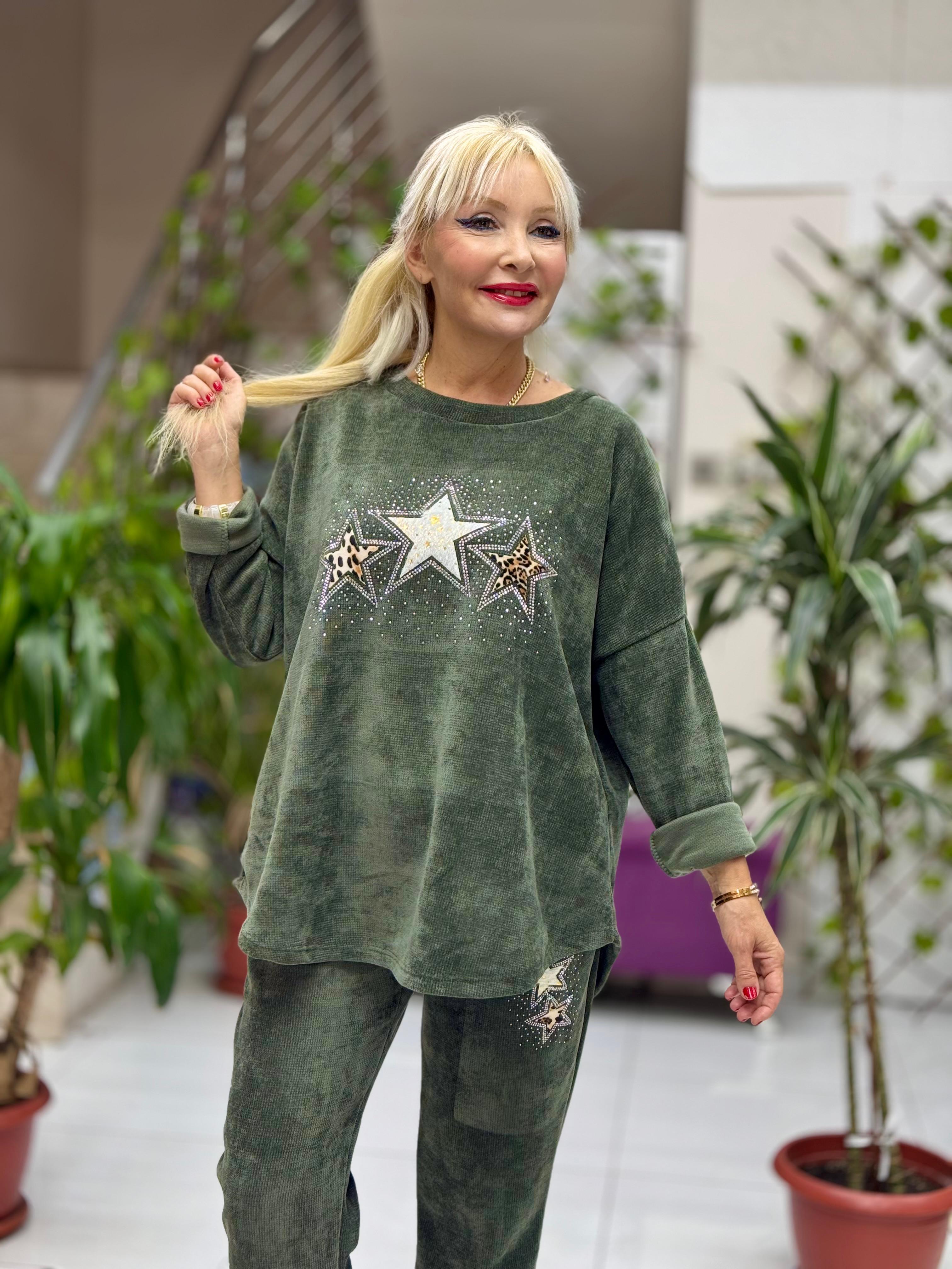 NC23081 Yıldız Desenli Taşlı İtalyan Kadife Takım Yeşil