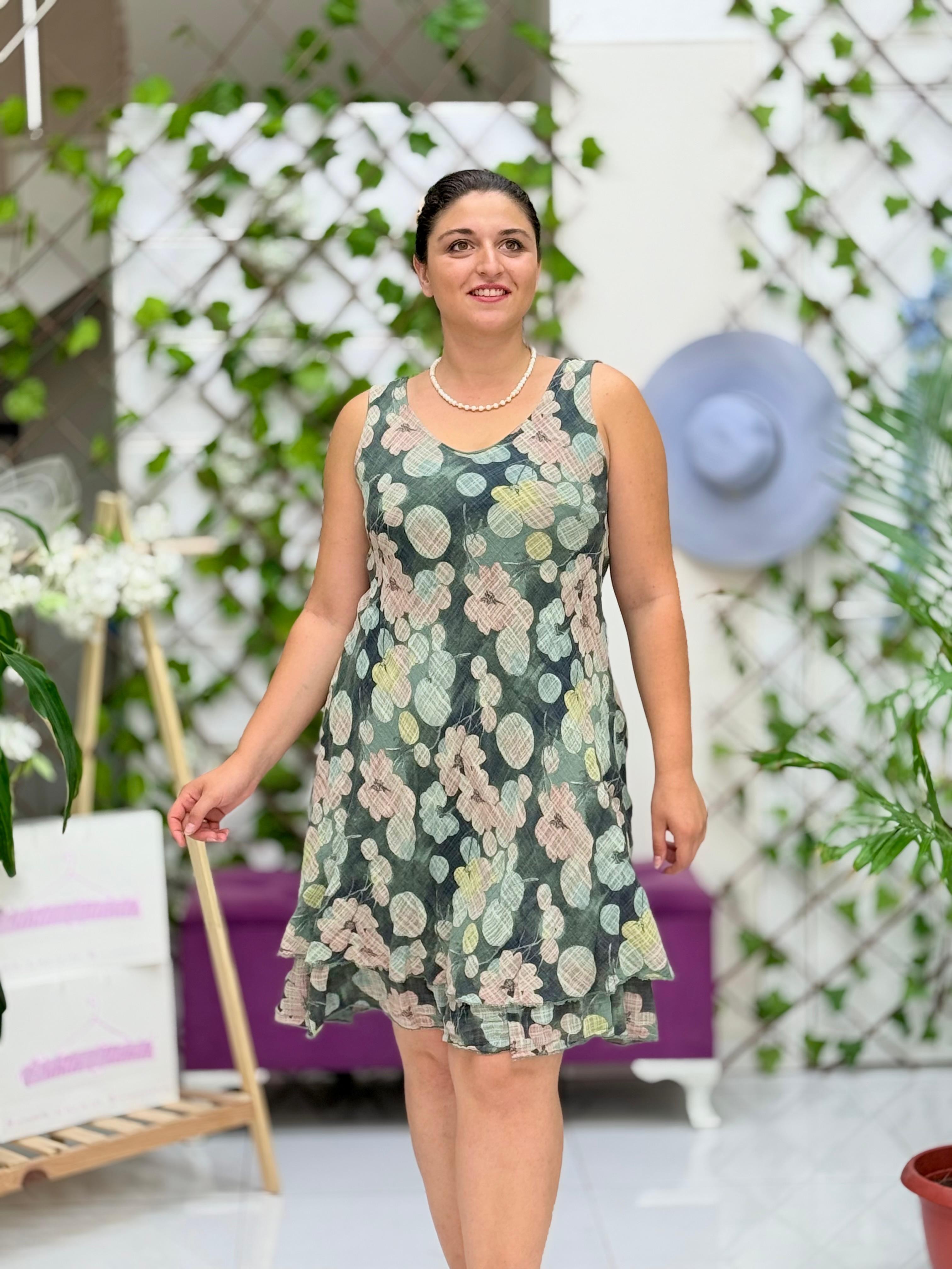 NC50132 İtalyan Pamuk Keten Kolsuz Elbise Yeşil