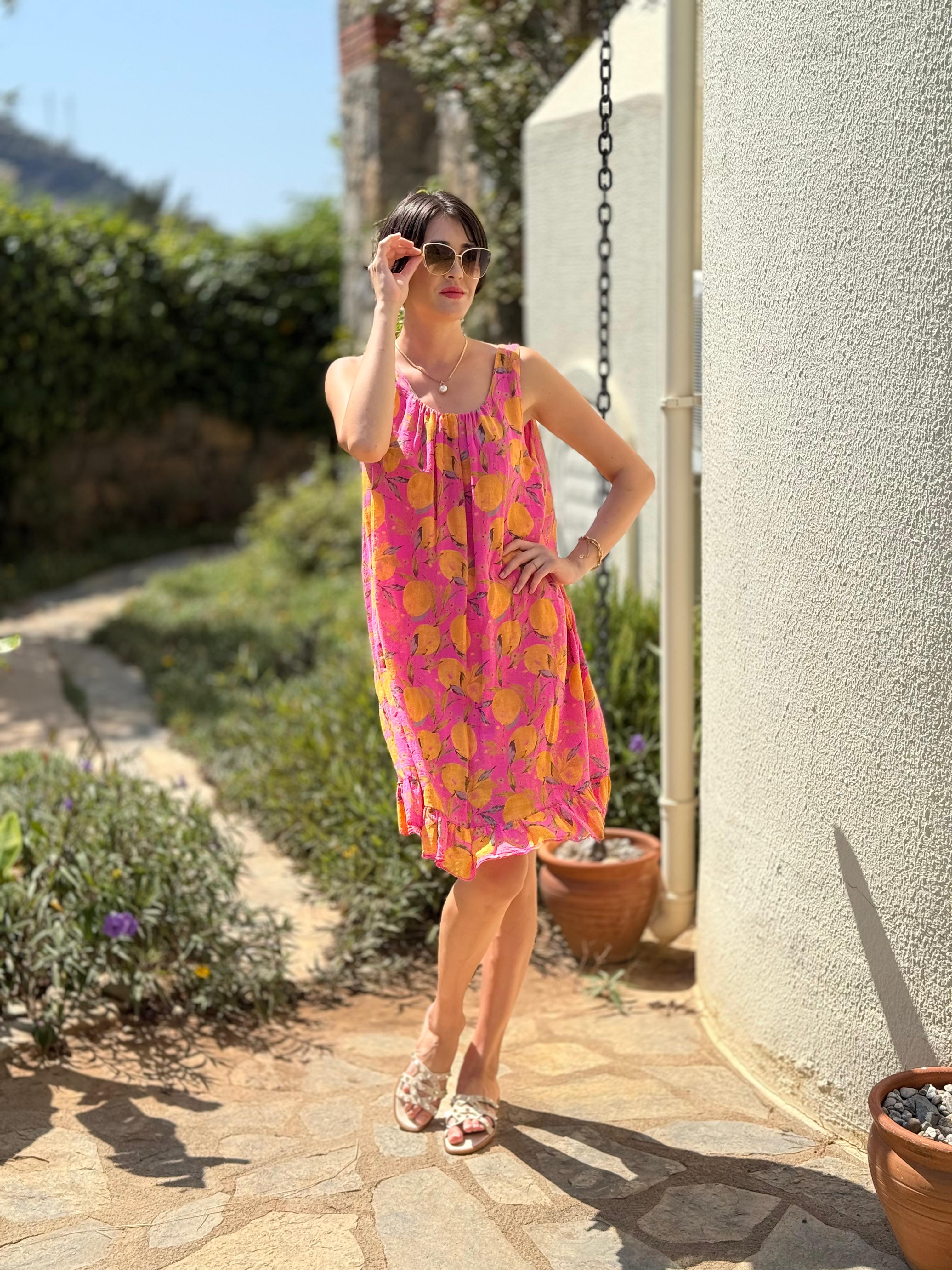 YG205030 İtalyan Coton  Limon Desen Elbise Pembe