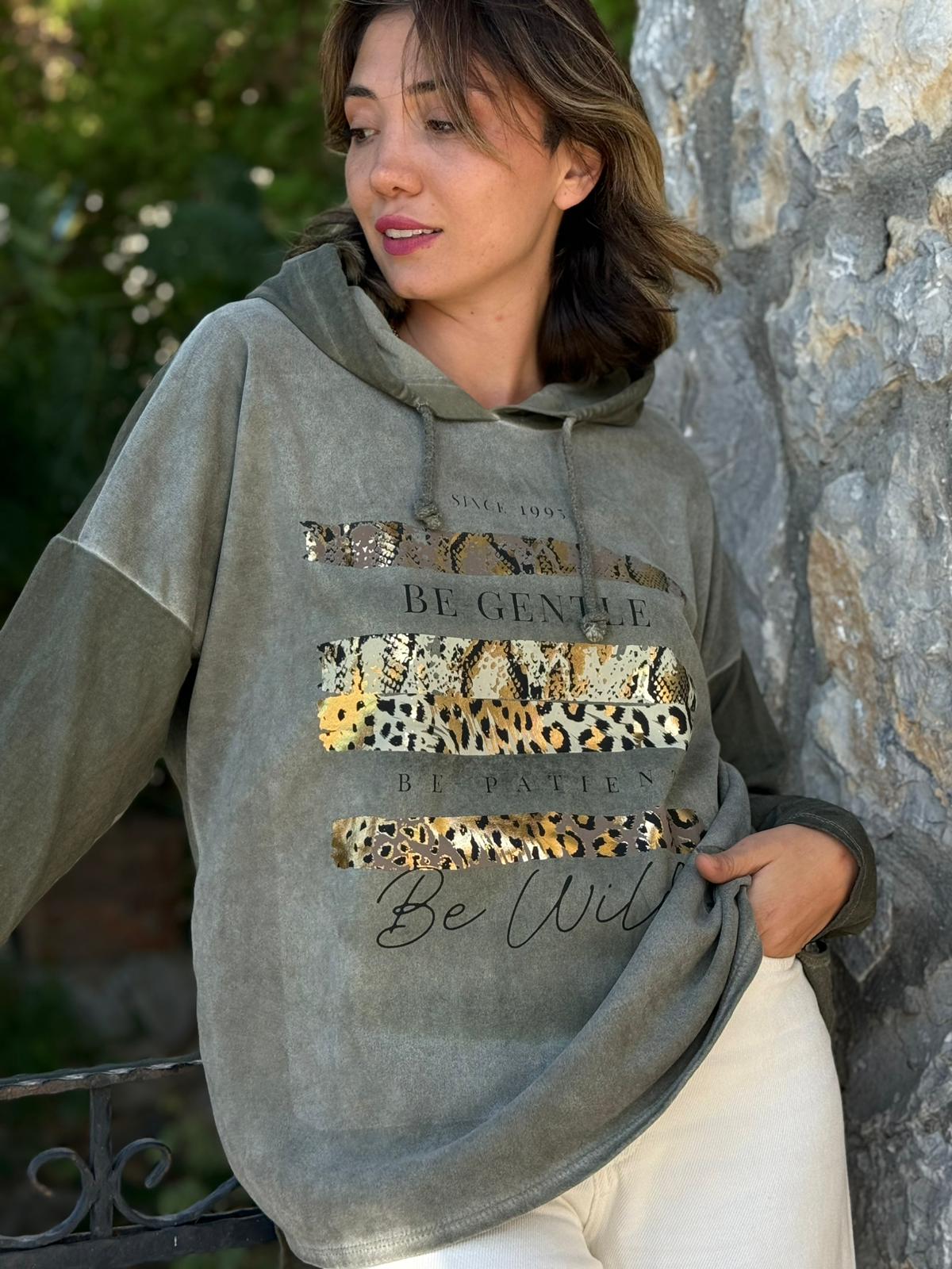NC56152 İtalyan Leopar Baskılı Kapüşonlu Sweatshirt Haki