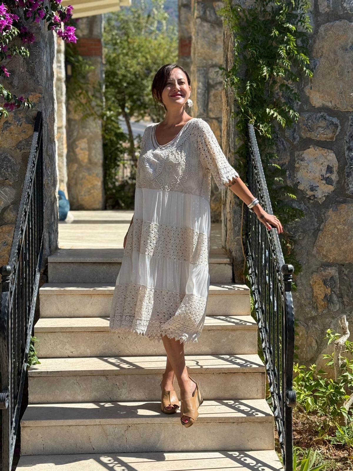 NC10938 İtalyan Pul Payetli Yarım Kol Midi İpek Elbise Bej