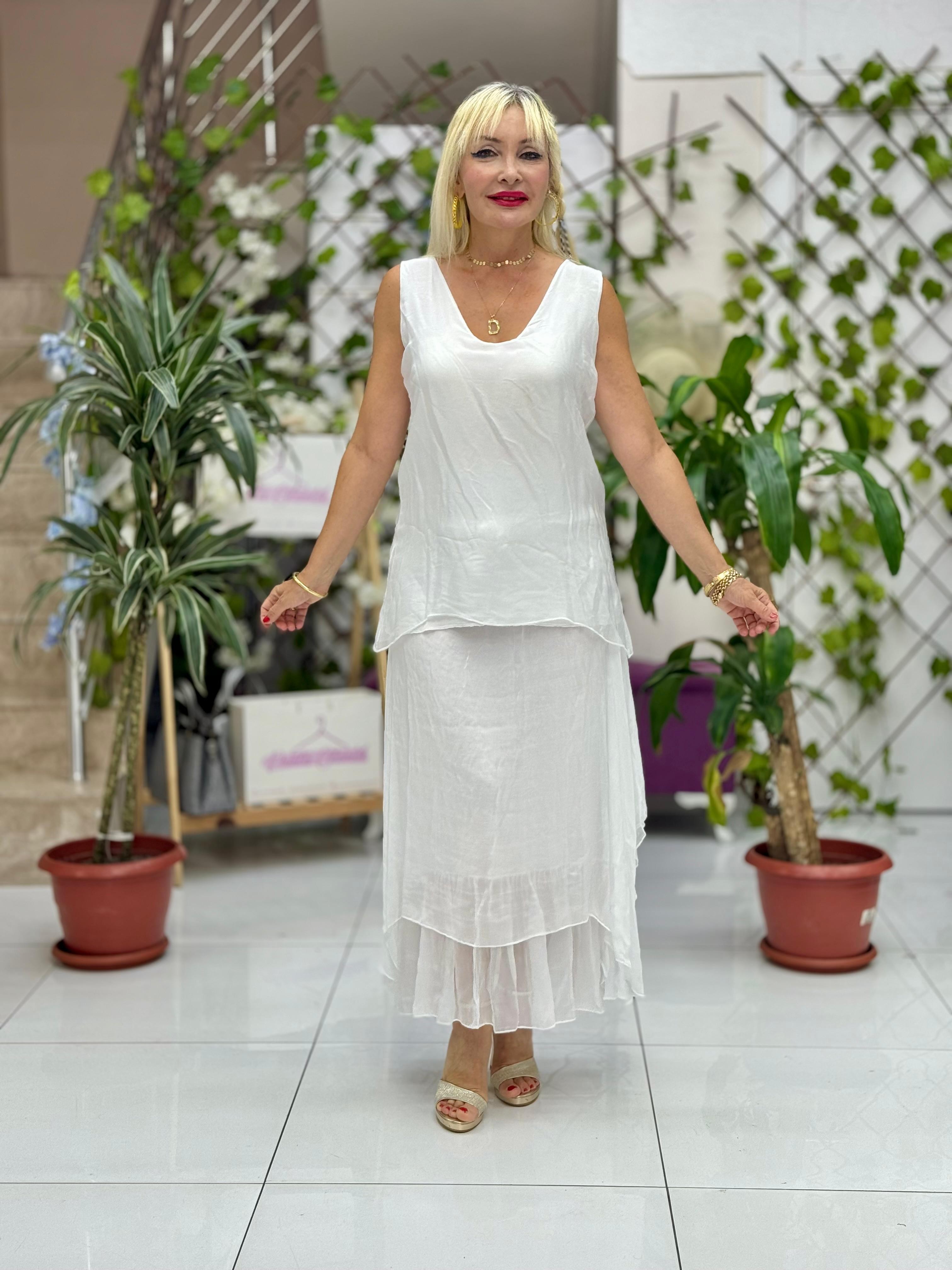 LS79772 İtalyan Kolsuz Sırt Bağlamalı İpek Bluz Beyaz