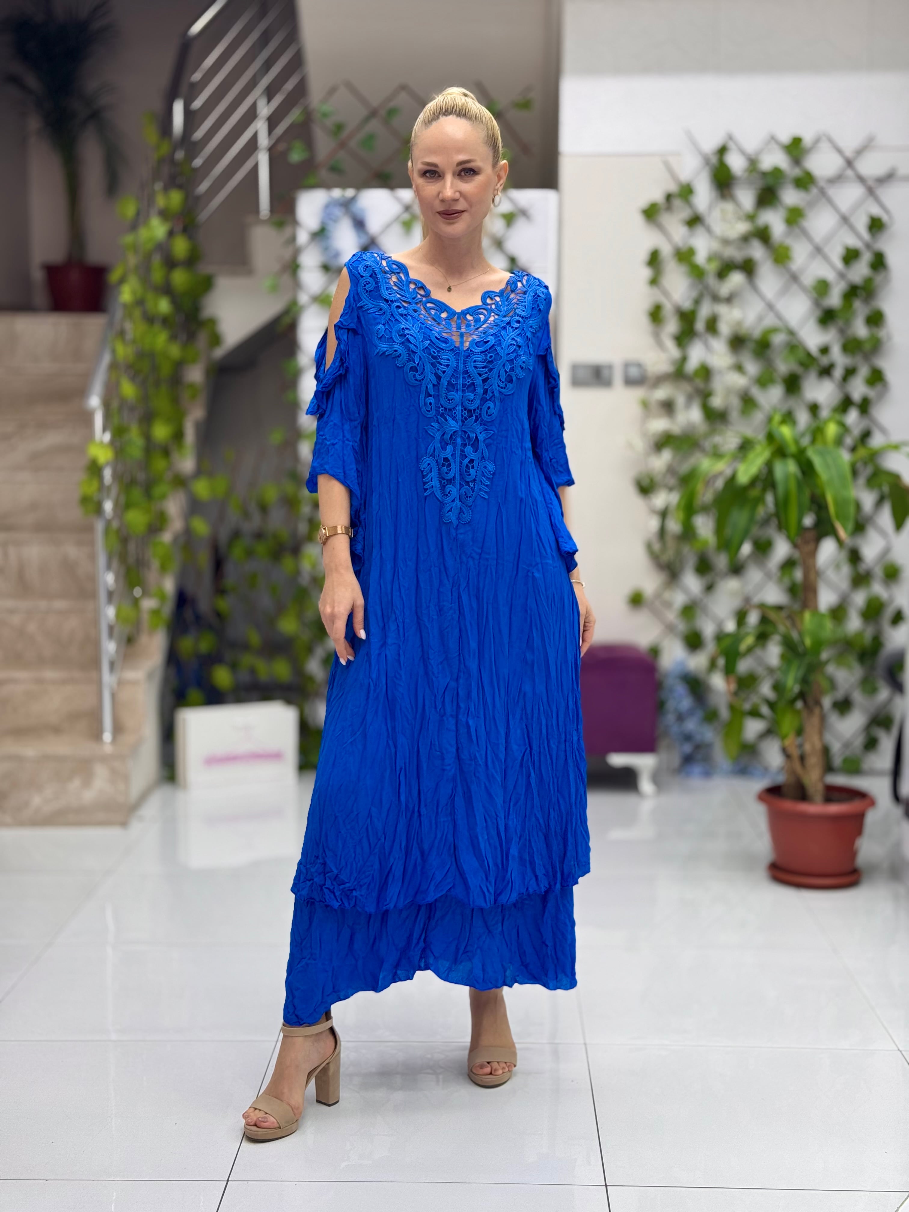 VL7206 Omuz Pencereli Vual Elbise Saks