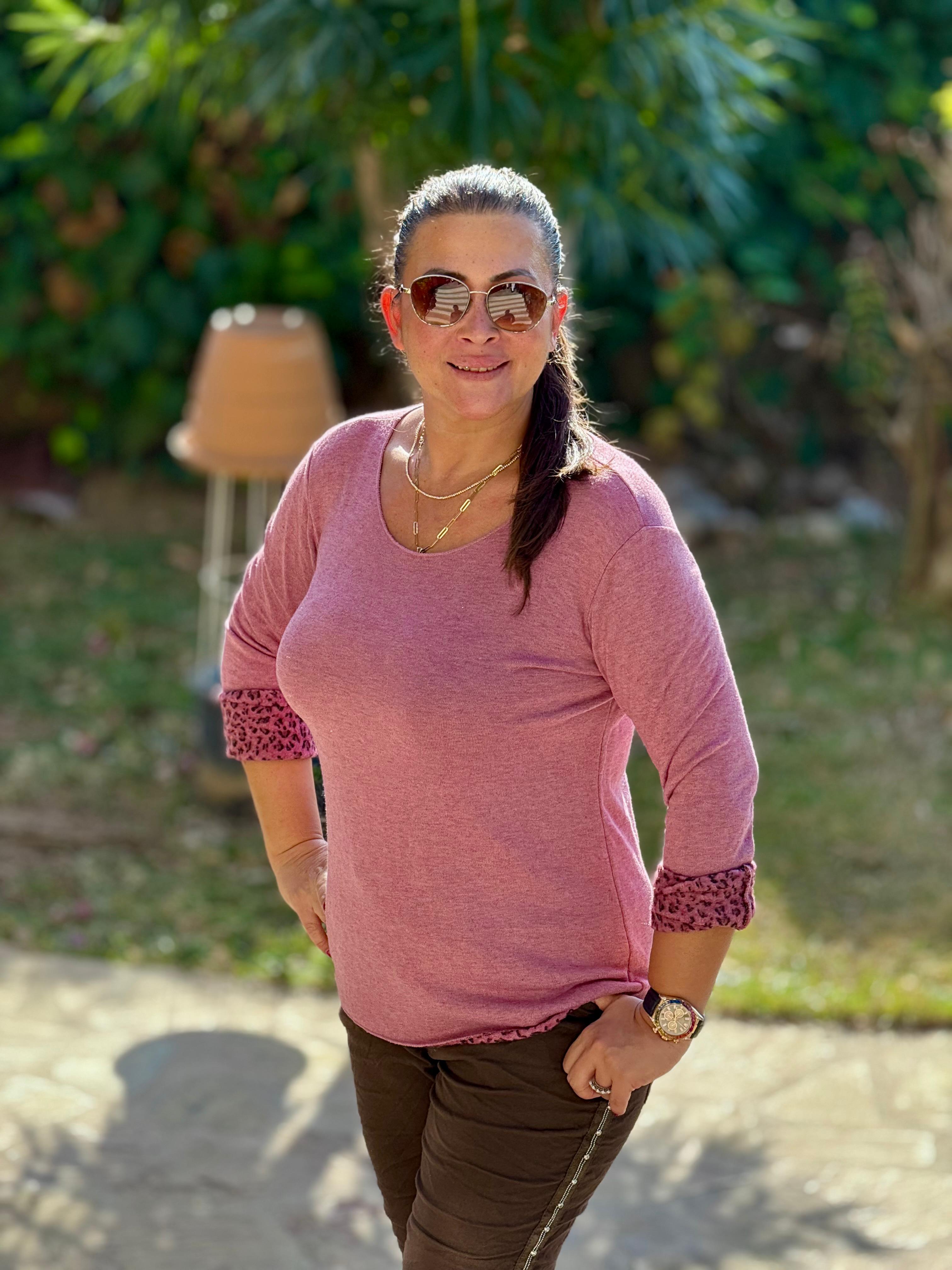 NC218181 İçi Leoparlı Yuvarlak Yaka Triko Büyük Kalıp Bluz Gül Kurusu