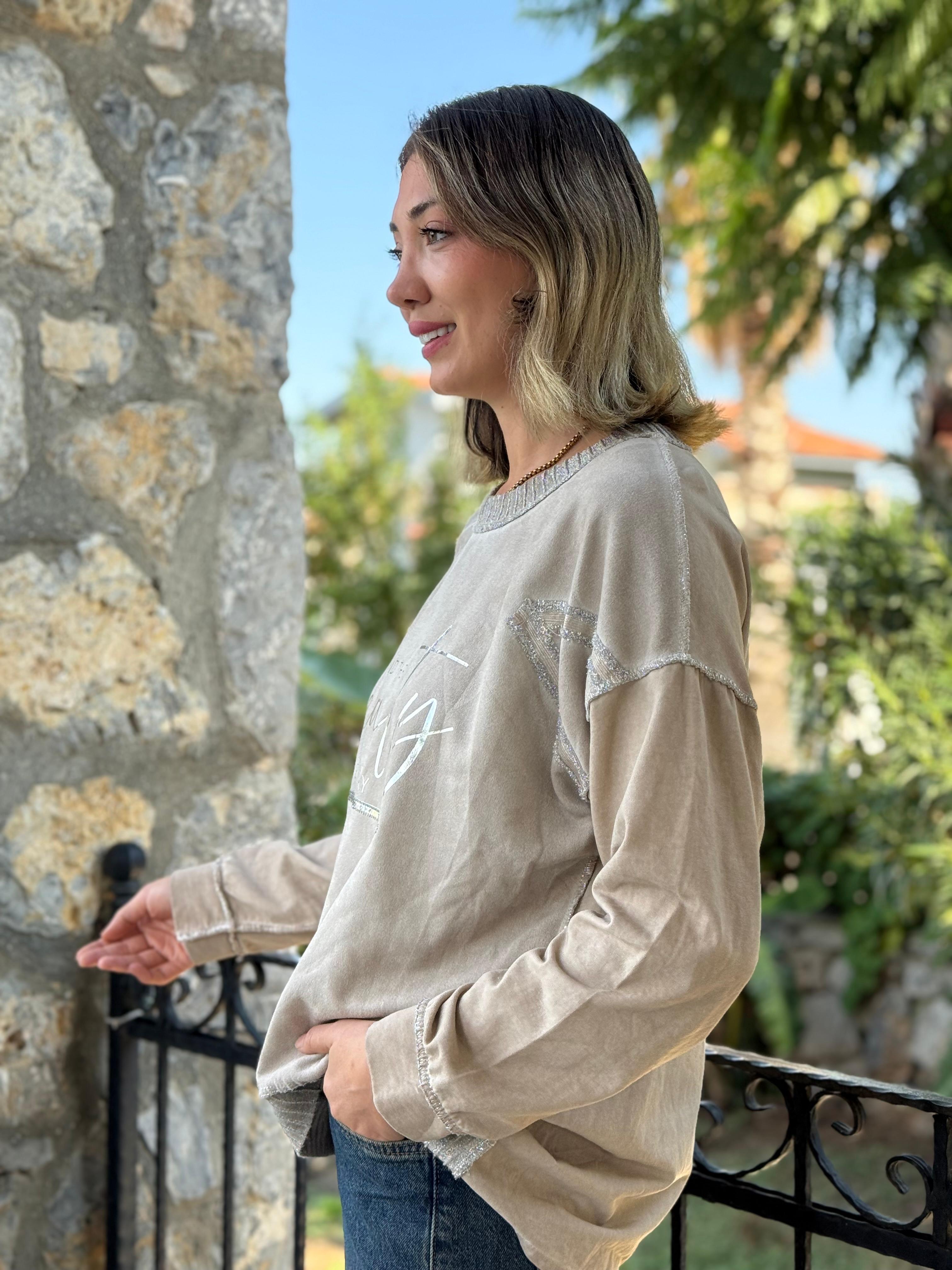 NC50793 İtalyan Beauty Yazılı Coton Sweatshirt Krem