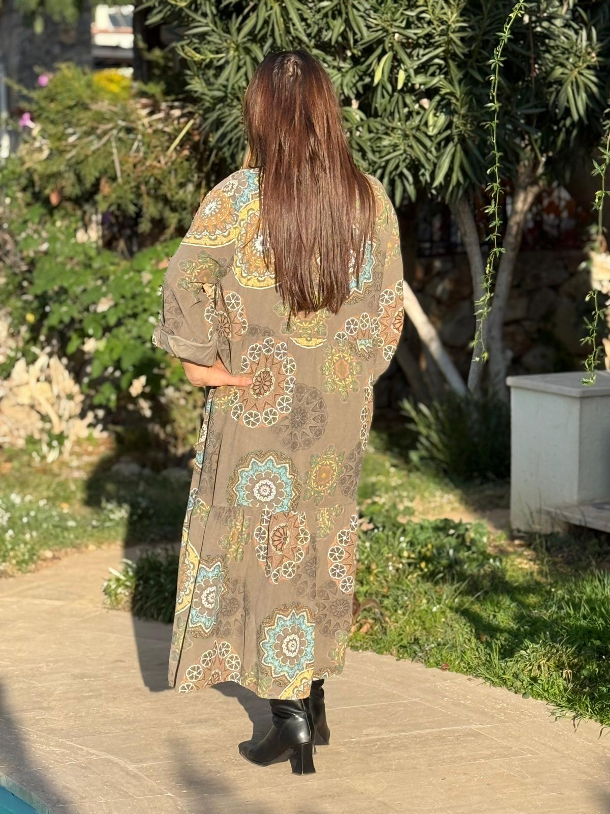 YG12573 Mandala Desen İtalyan Kadife Elbise Haki