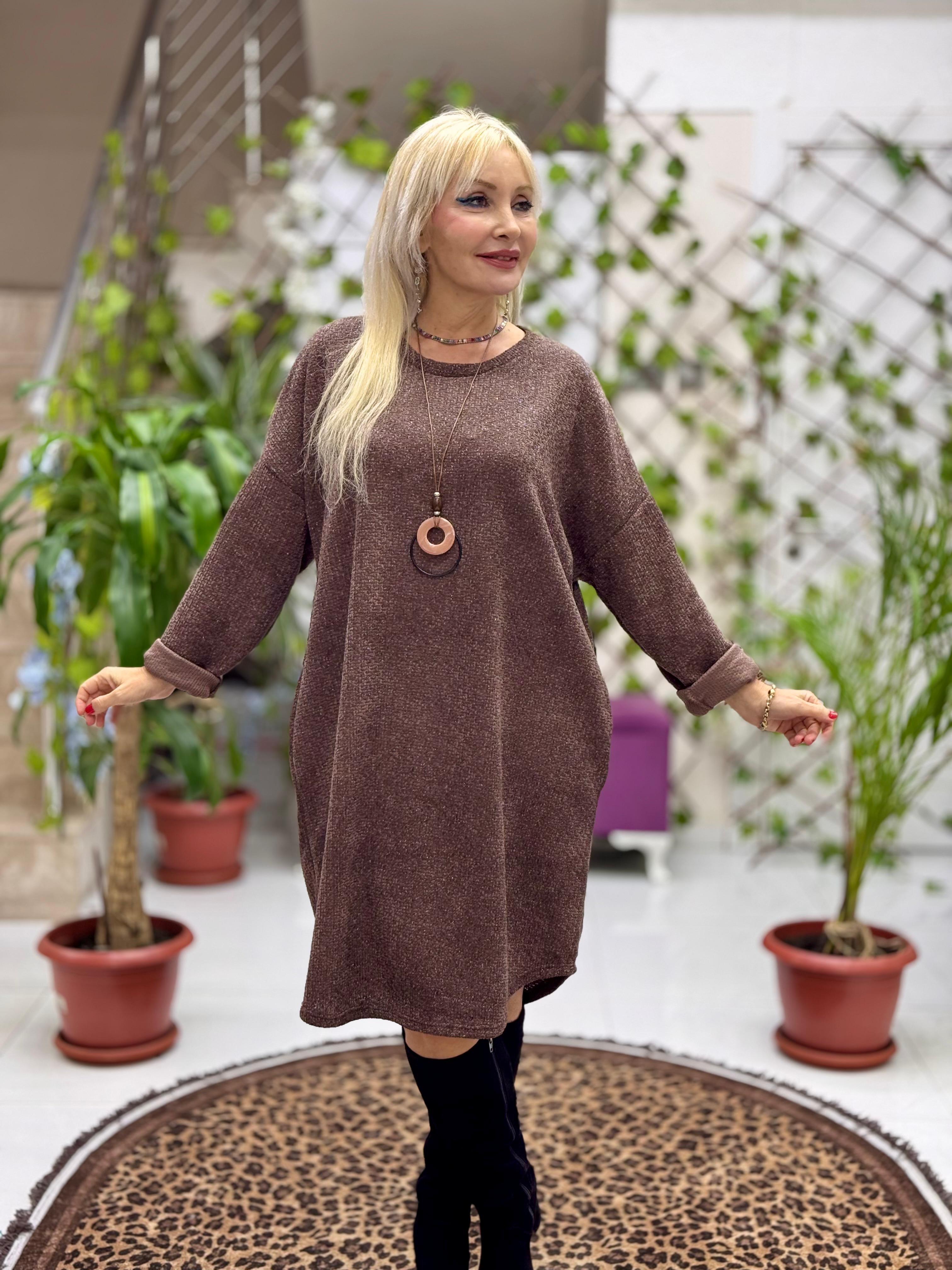 NC25158 Simit Yaka Kolyeli Simli İtalyan Kadife Elbise Kahve