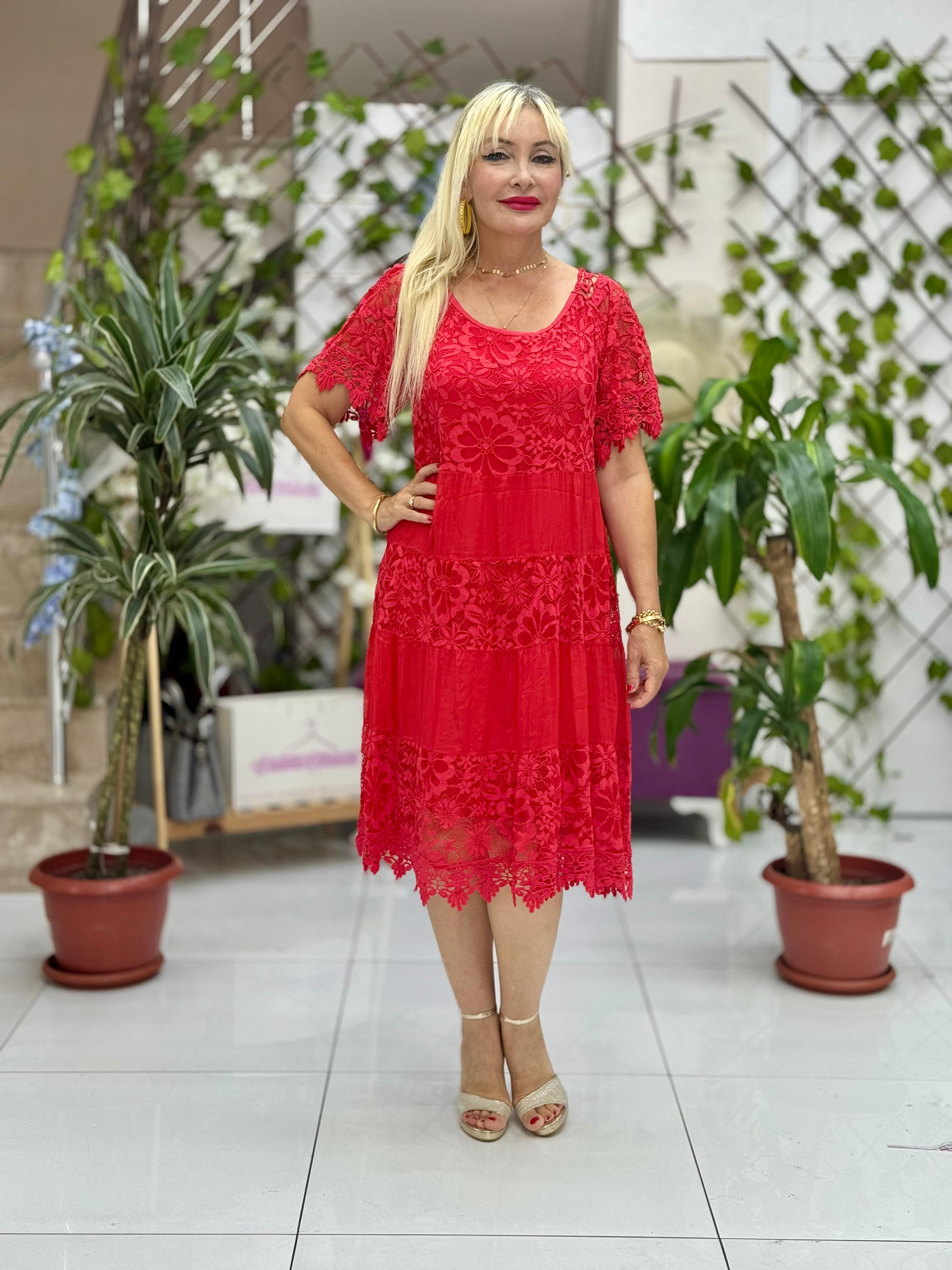 N10337 İtalyan İpek Elbise kırmızı