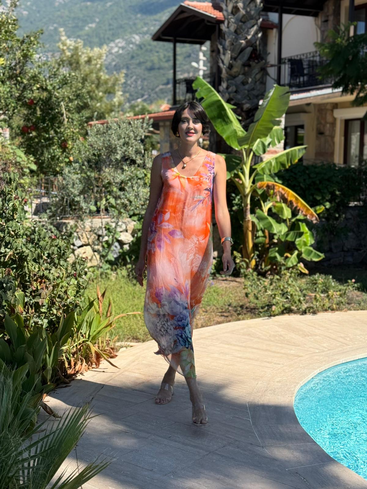 YG20641 İtalyan Çiçekli Askılı İpek Elbise Oranj