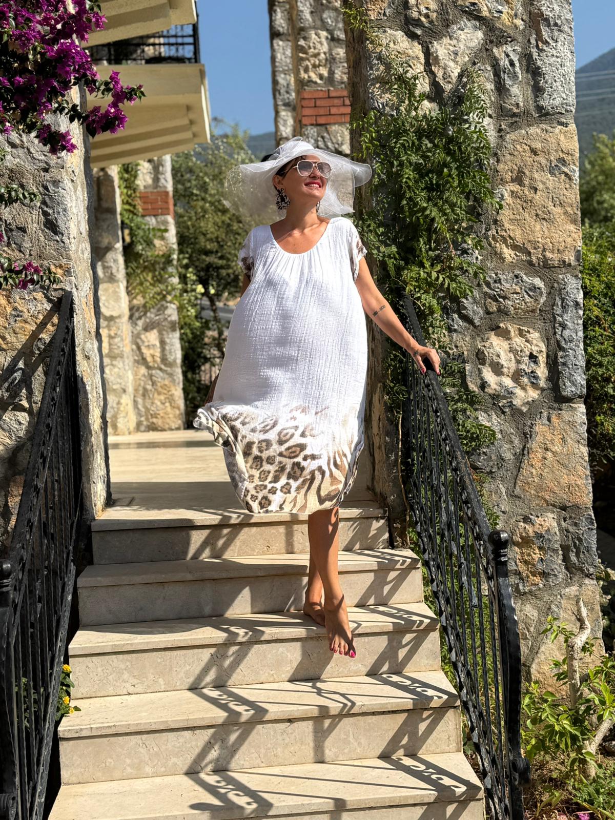 NC50848 İtalyan Pamuk Keten Astarlı Elbise Beyaz