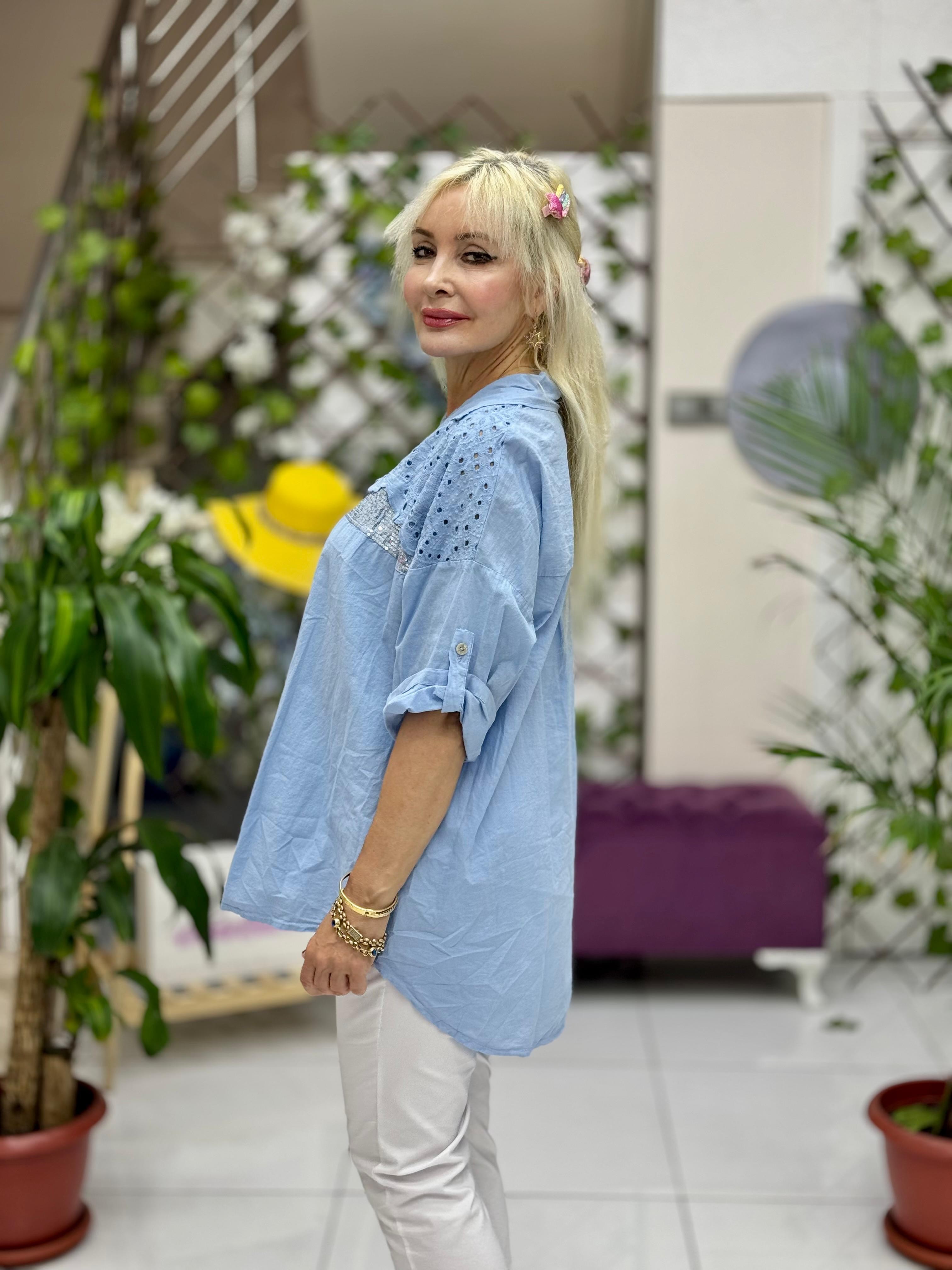 NC25537 İtalyan Fisto Göğüs Pul Payet Coton Gömlek Bebemavi