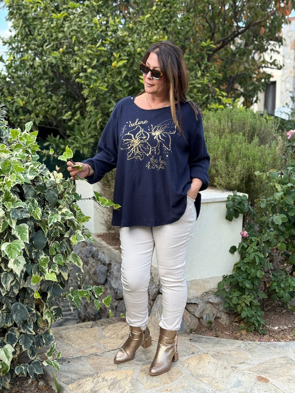 YG31256 İtalyan Kendinden Desenli Çiçek Baskılı Triko Bluz Lacivert