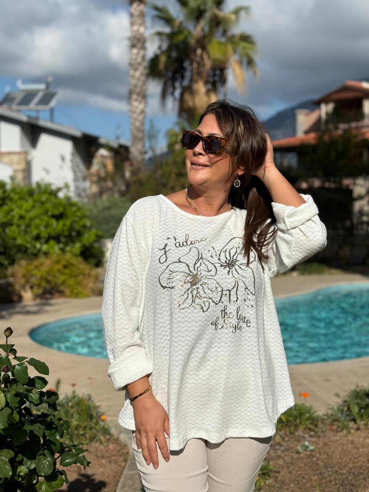 YG31256 İtalyan Kendinden Desenli Çiçek Baskılı Triko Bluz Beyaz