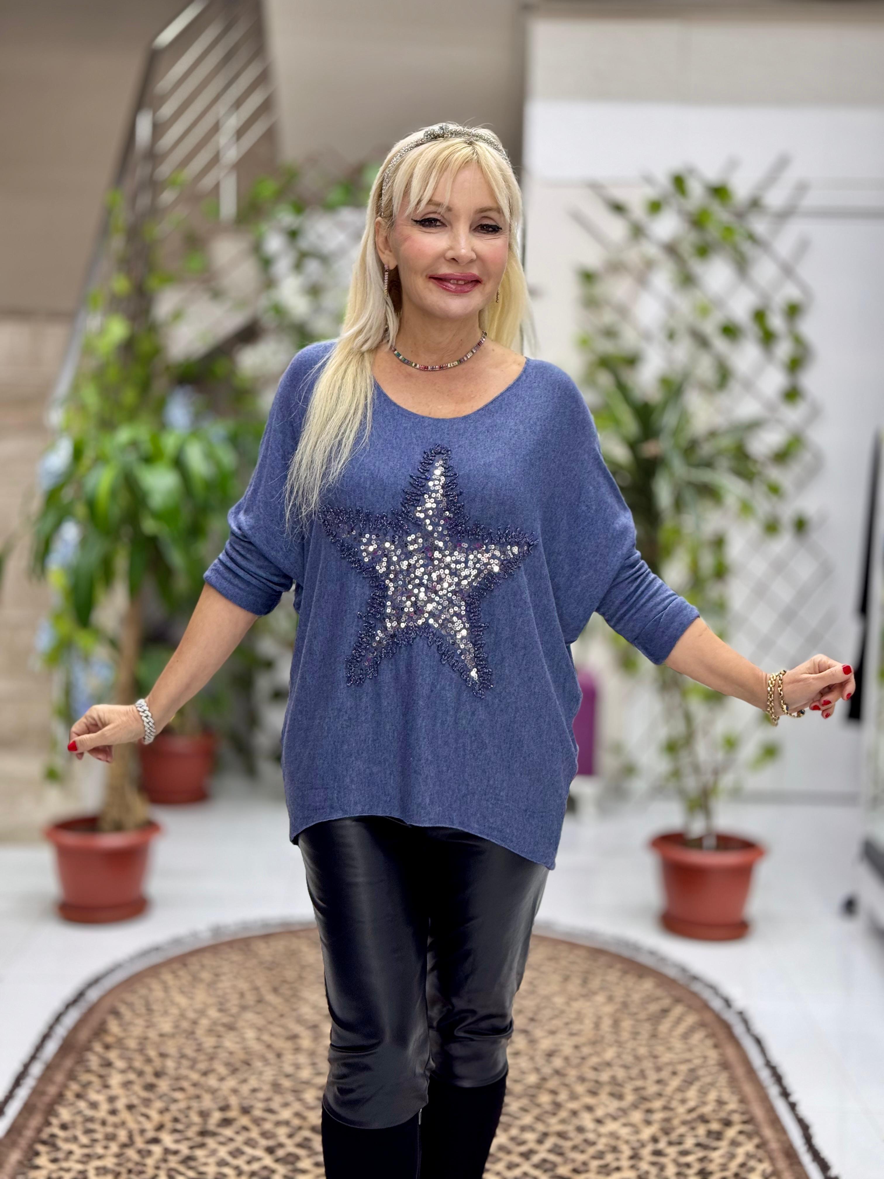 NC1778 İtalyan Yıldız desen Pulpayetli Bluz Mavi