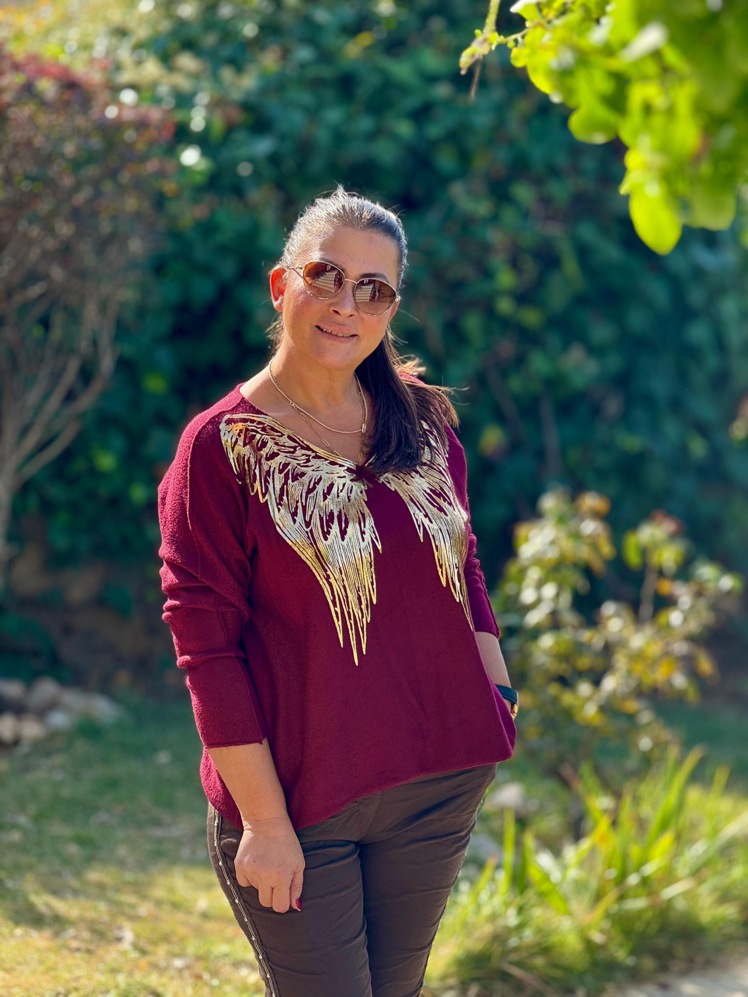 YG152031 Ön Arka Kanat Baskılı V Yaka Angora İtalyan Bluz Bordo