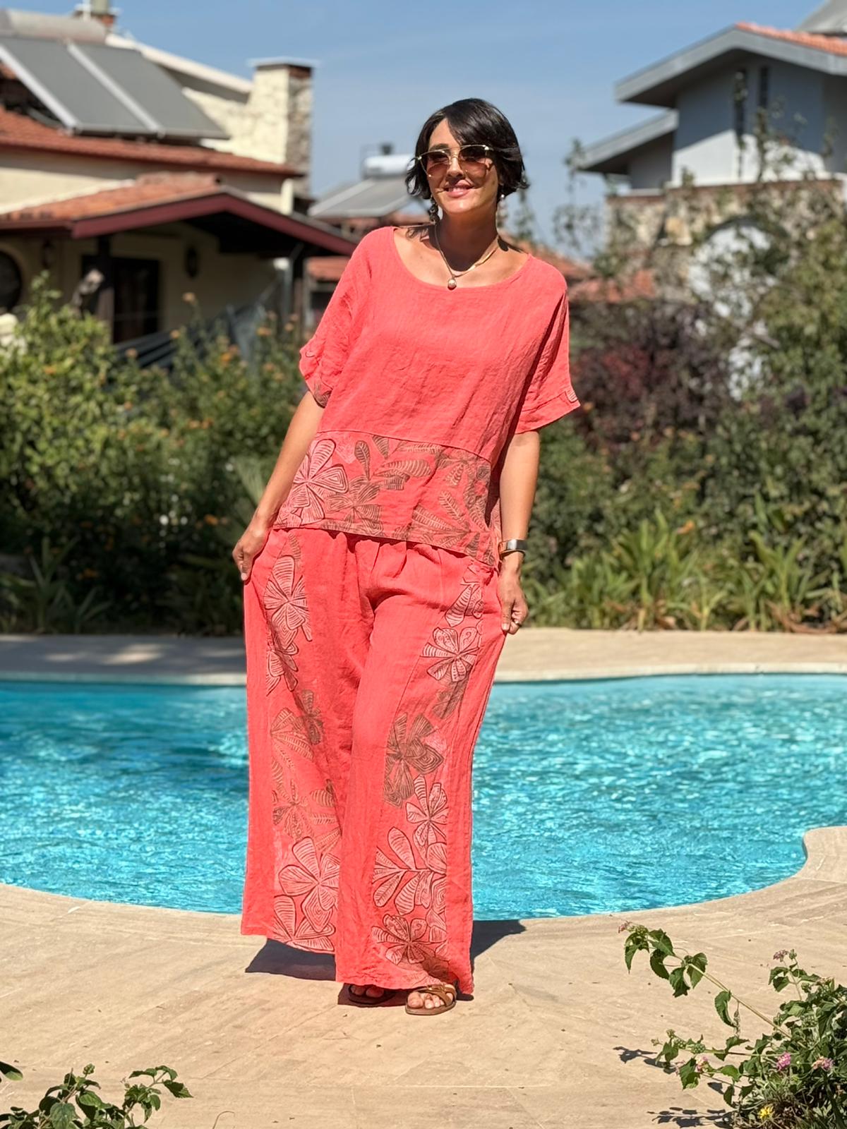 NC61253 İtalyan Çiçek Baskılı Keten Takım Mercan