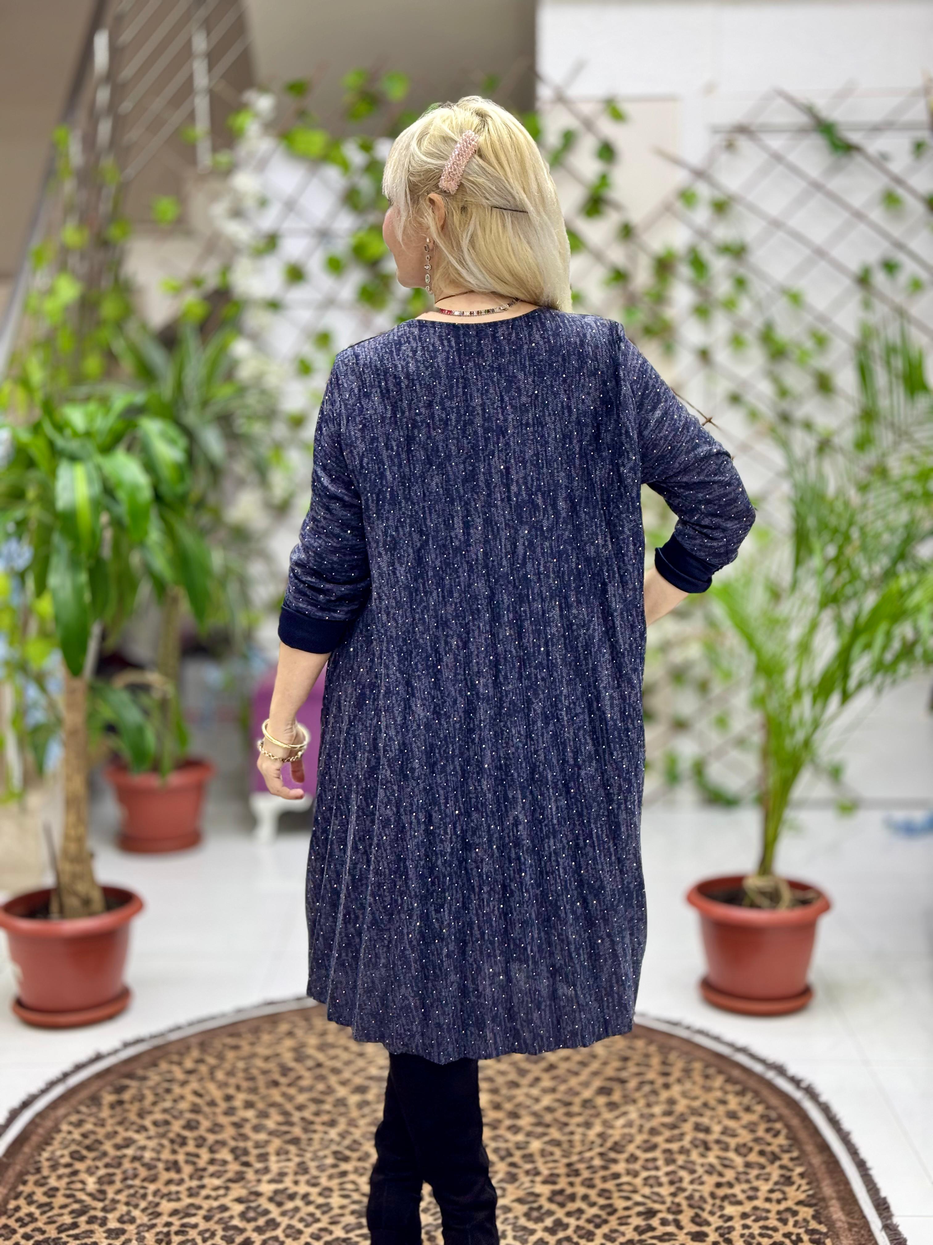 NC21419 Kolyeli Taşlı Pileli İtalyan Triko Elbise Lacivert