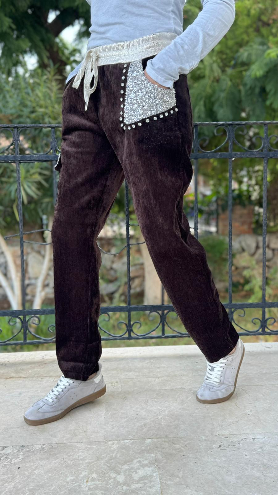 LS13220 İtalyan Cebi Taşlı Kadife Pantolon Kahve