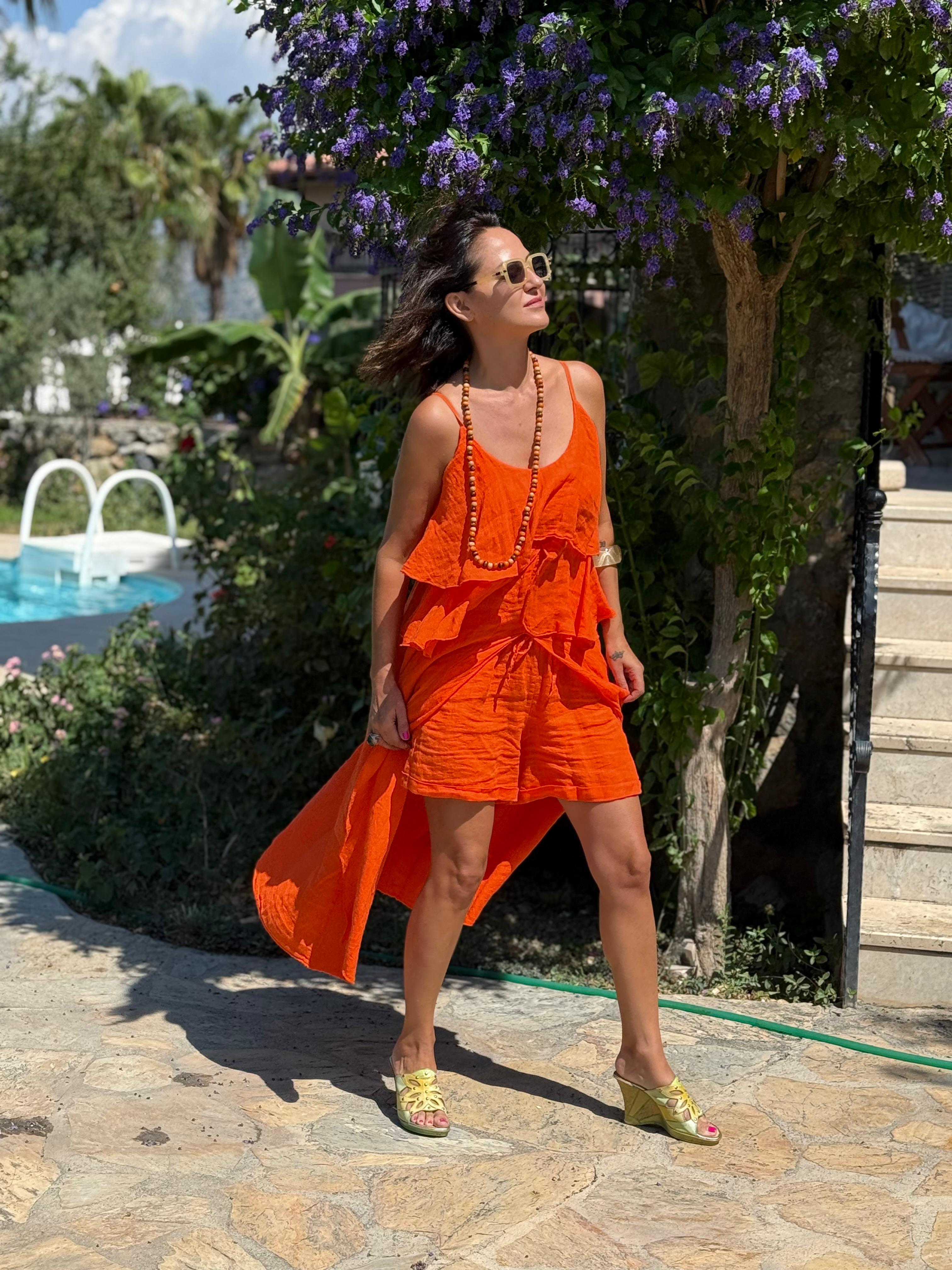 NC13179 İtalyan Keten Şortlu Takım Oranj