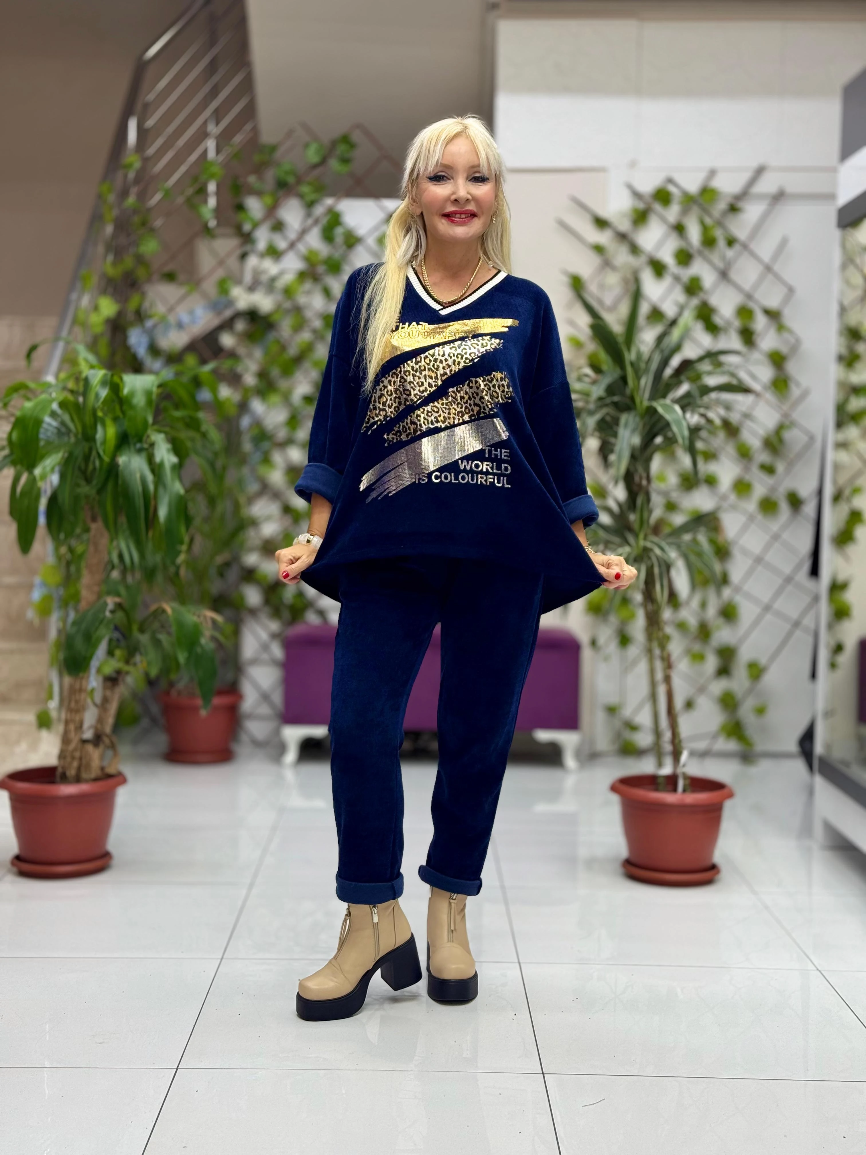 NC24155 Leopar Baskılı İtalyan Kadife Takım Lacivert