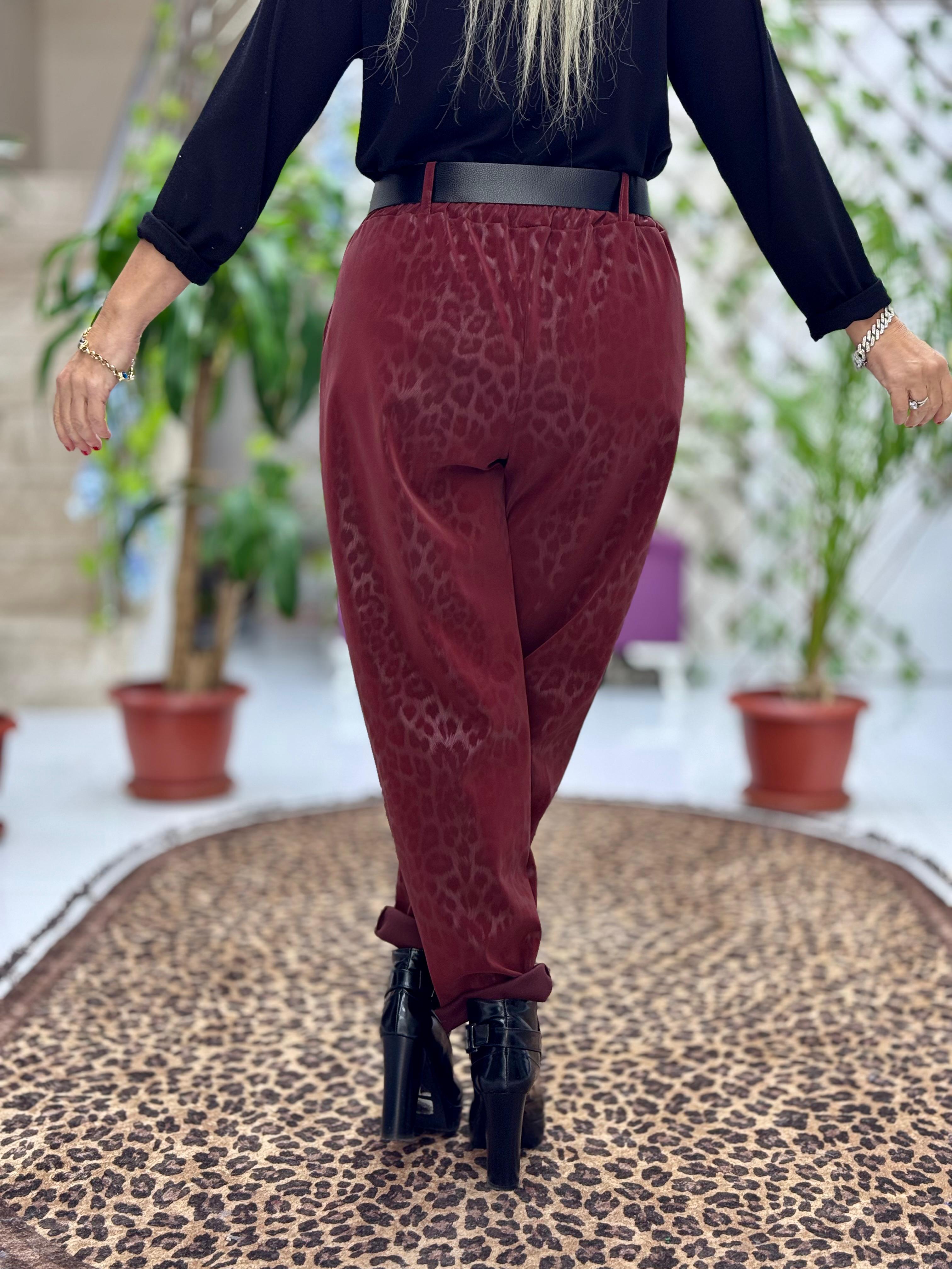 NC242976 italyan Leopar Desen Deri Pantolon Kiremit