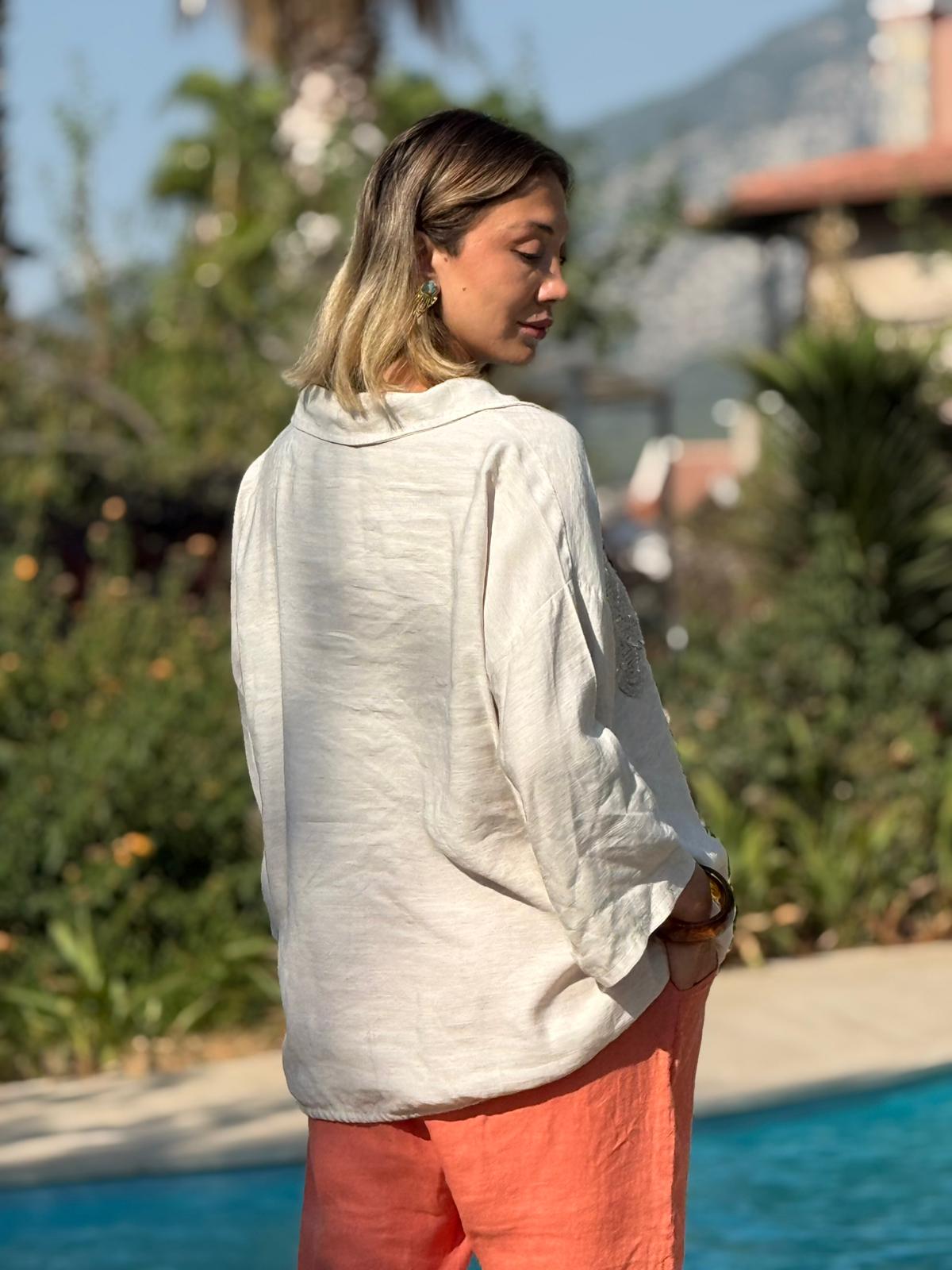 N23003 Blusa Lino Algodón Italiano Visón