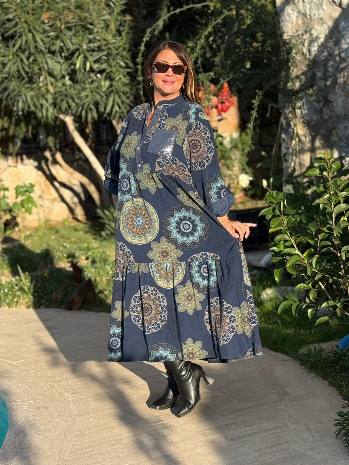 YG12573 Mandala Desen İtalyan Kadife Elbise Lacivert