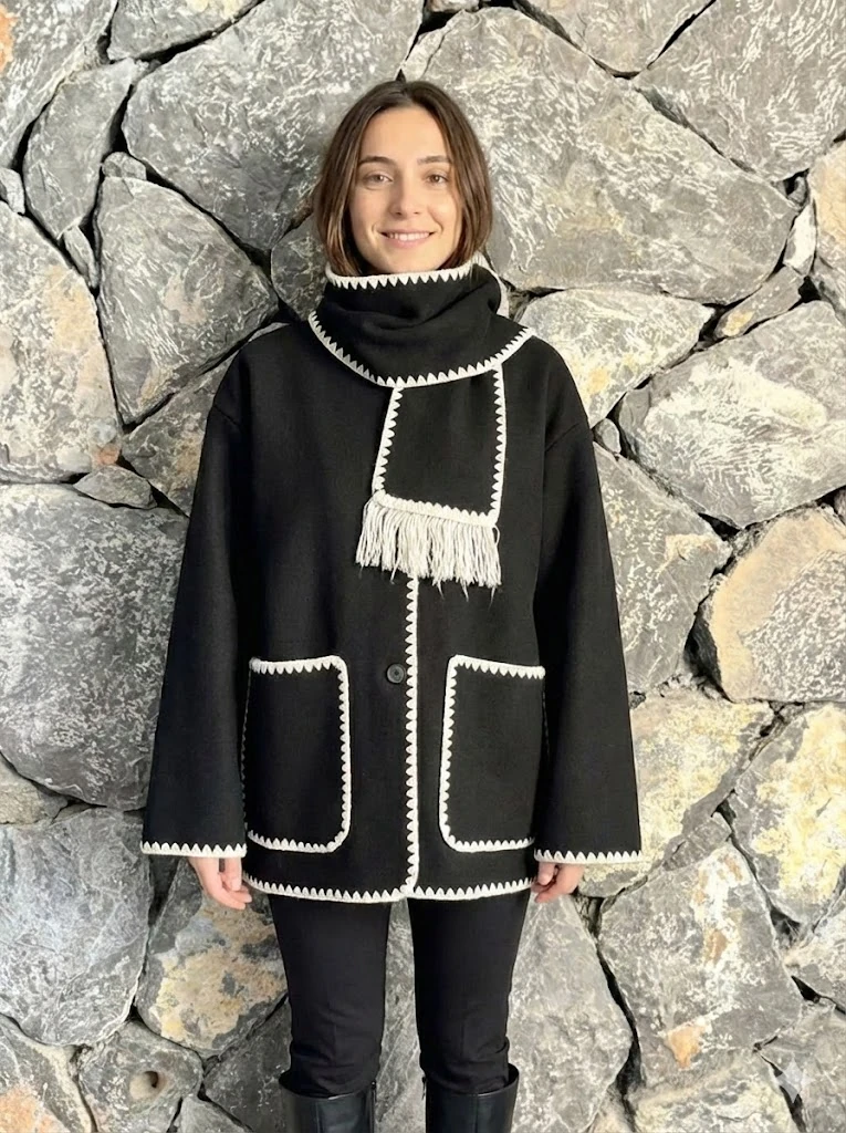 NC27786 Oya İşlemeli Atkılı İnce Kaşe Hırka Siyah