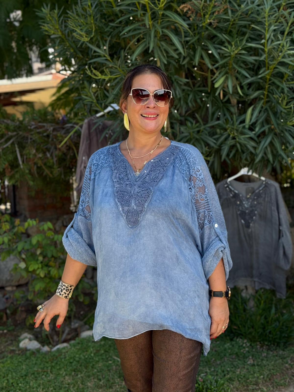 NC1868 Pul Payetli Omuz Dantelli İpek Triko İtalyan Bluz Mavi