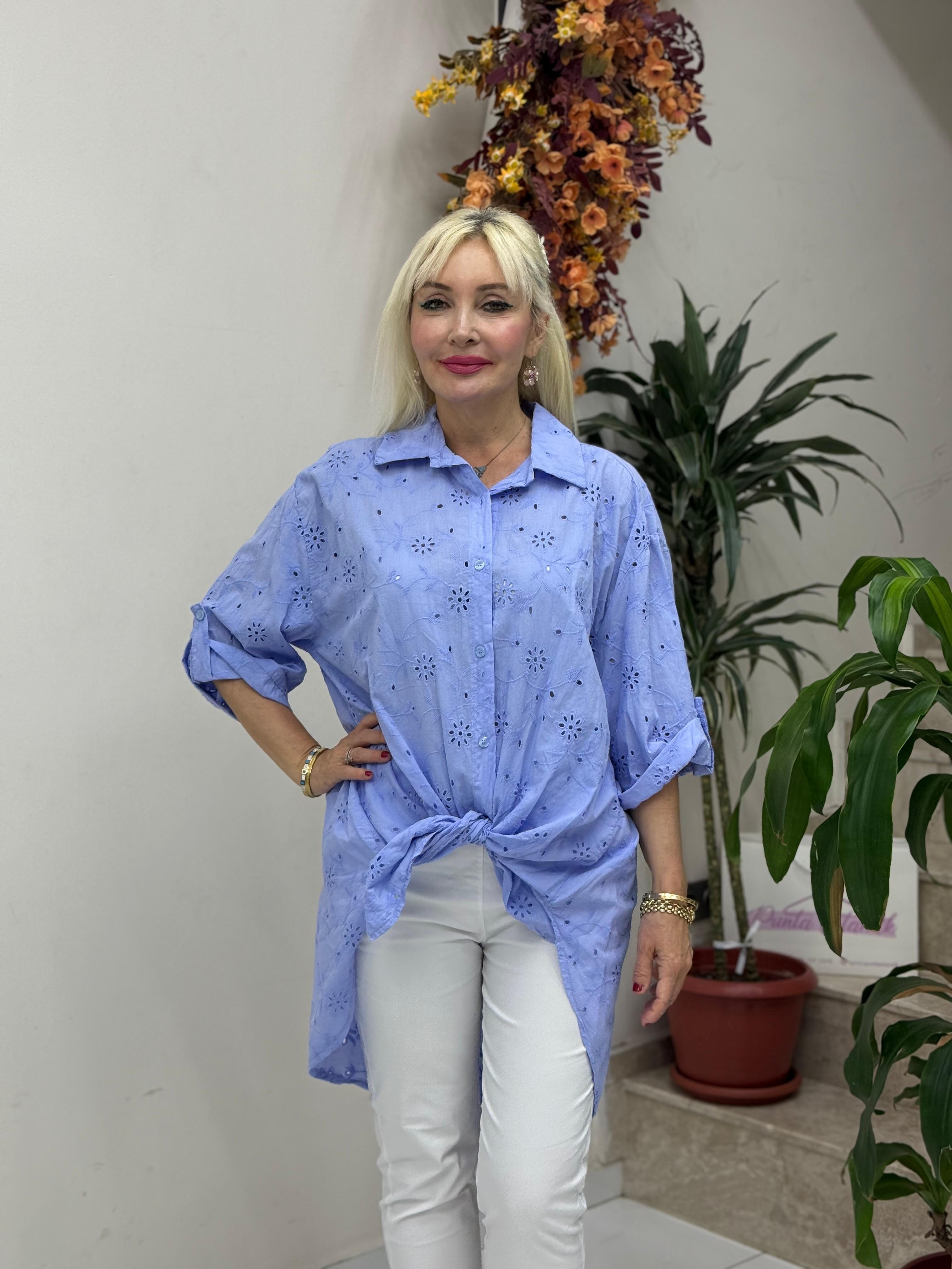YG1360 İtalyan Brodeli Tunik Gömlek Mavi