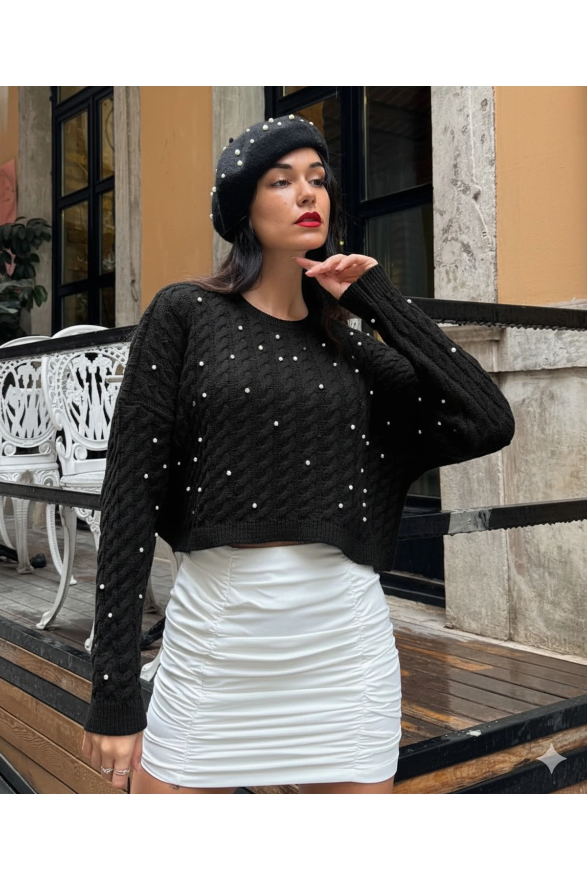 İnci İşlemeli Kablo Örgü Crop Triko Kazak – Butik Koleksiyon