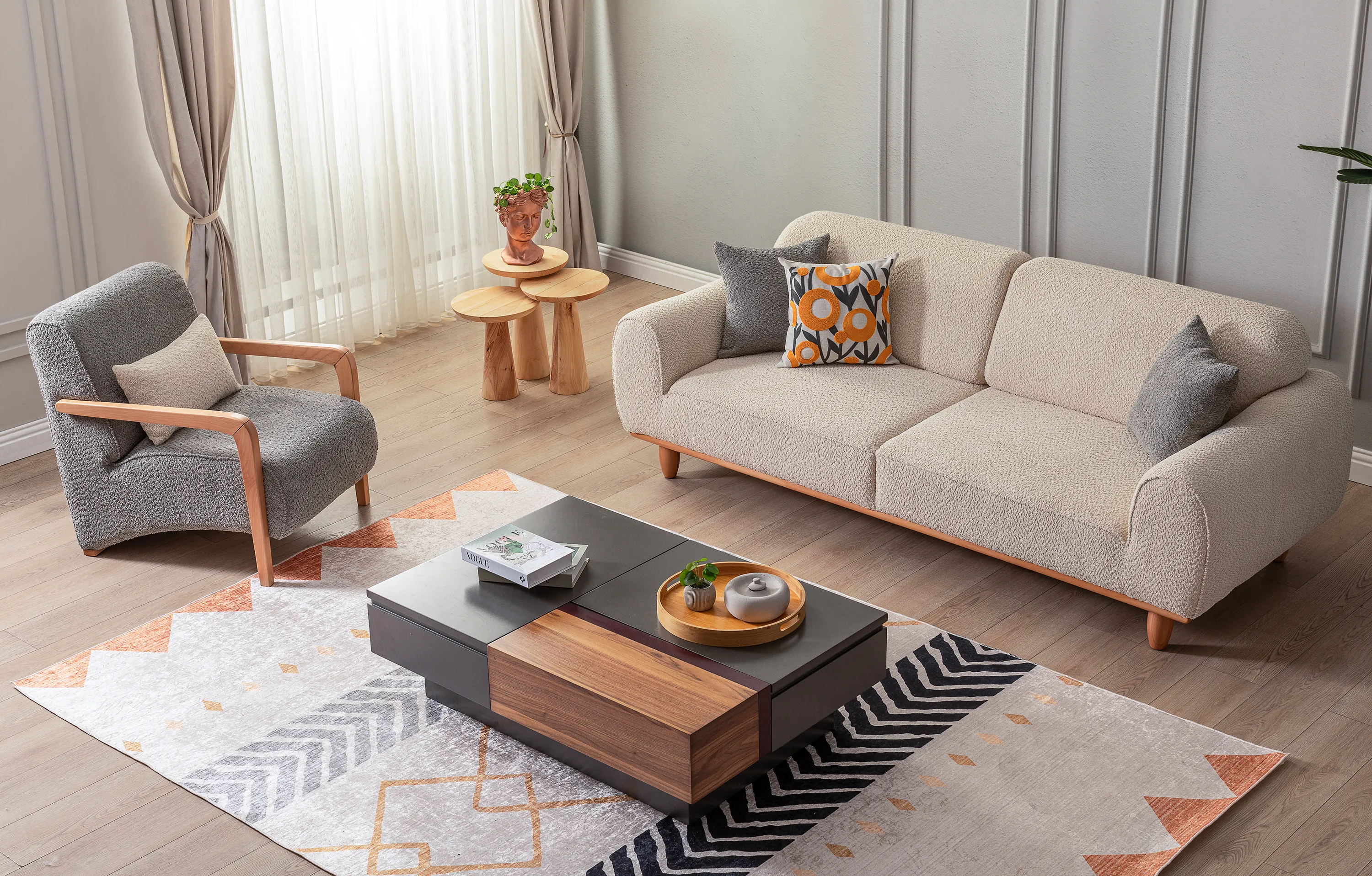 Bornova Naturel Ahşaplı Koltuk Takımı 