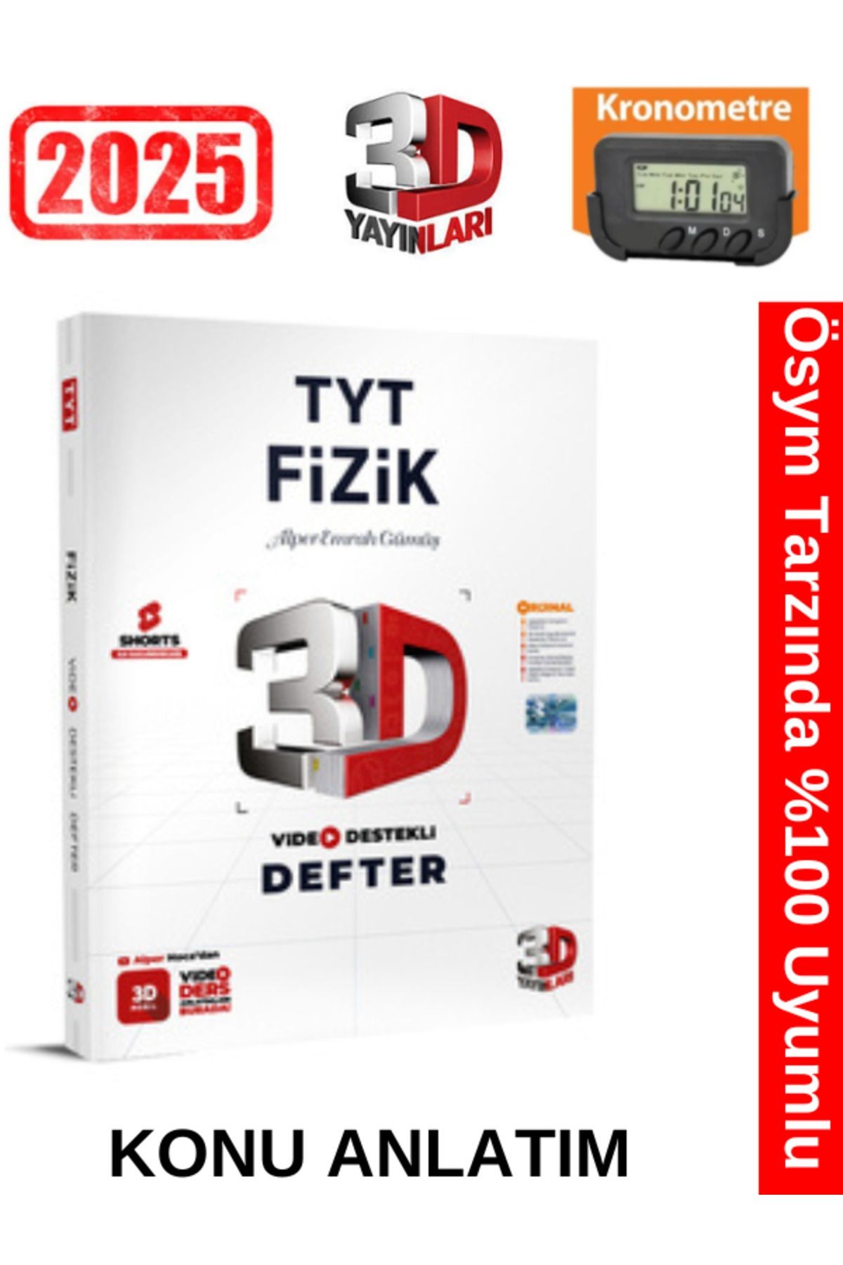 3D Yayınları 2025 TYT Fizik Video Destekli Defter+Kronometre