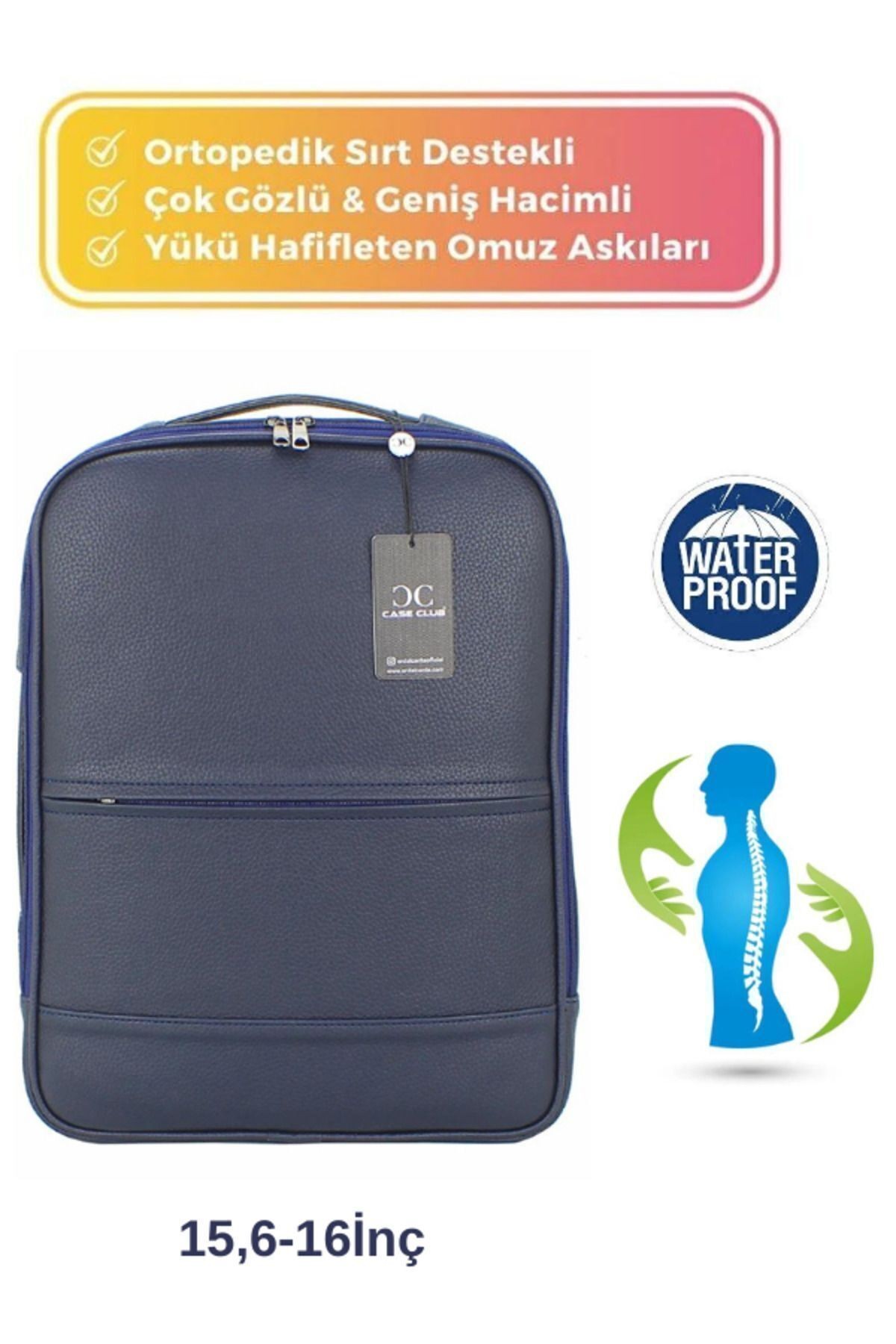 15.6-16 İnç-6 Bölmeli-El-Sırt-Laptop Uyumlu -Suni Deri-Ortapedik Lacivert Renk Çanta