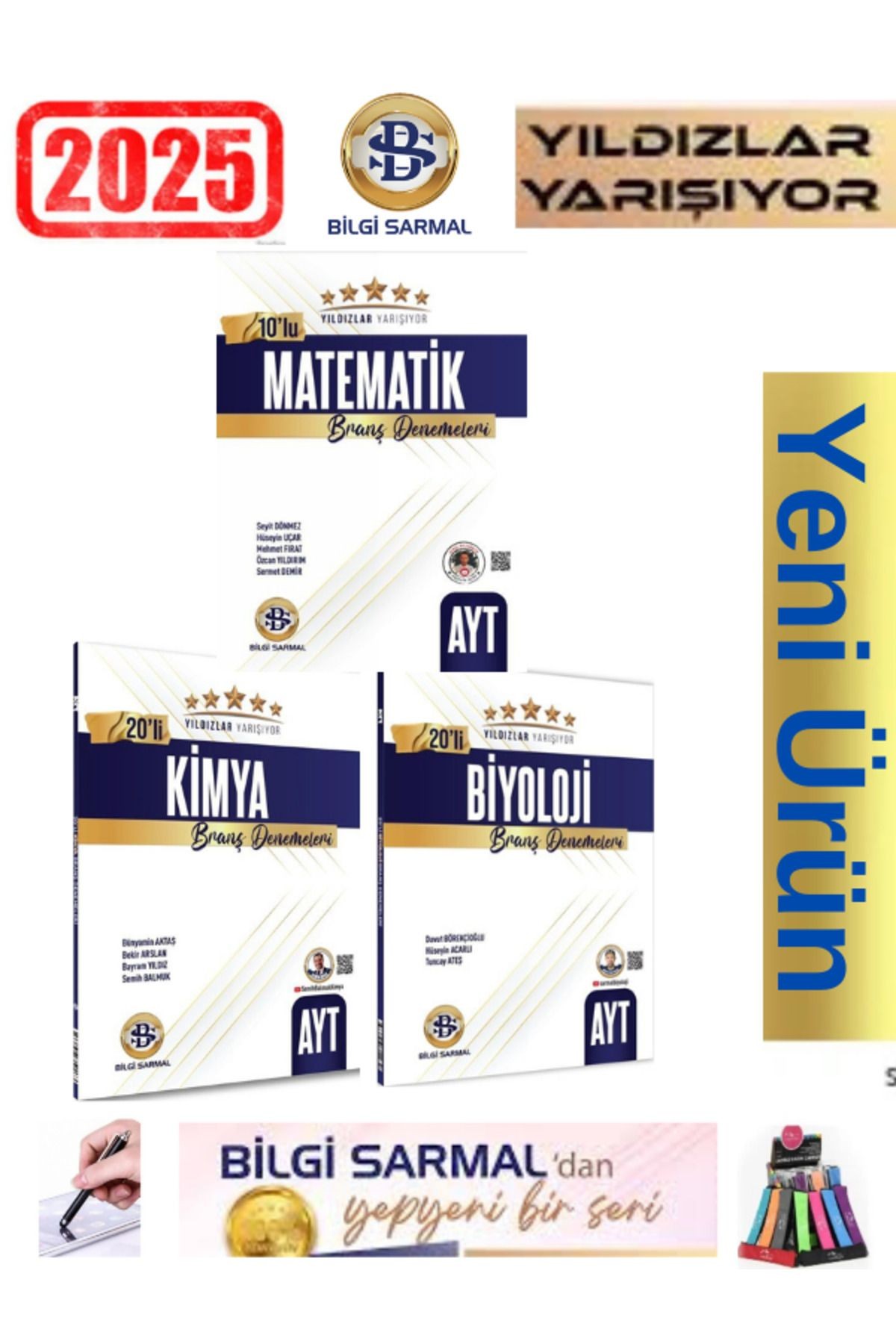 2025 AYT Matematik10-Kimya20-Biyoloji20 Yıldızlar Yarışıyor 50li Branş Deneme+Kalem+Kalemlik
