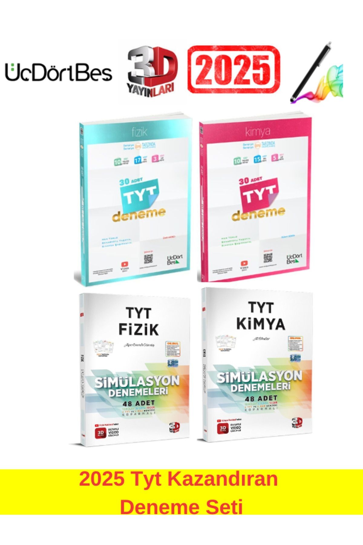 2025 TYT Fizik30-Kimya30+3D 2025 Tyt Fizik48-Kimya48 Deneme Seti(156 Adet Deneme)+Kalem